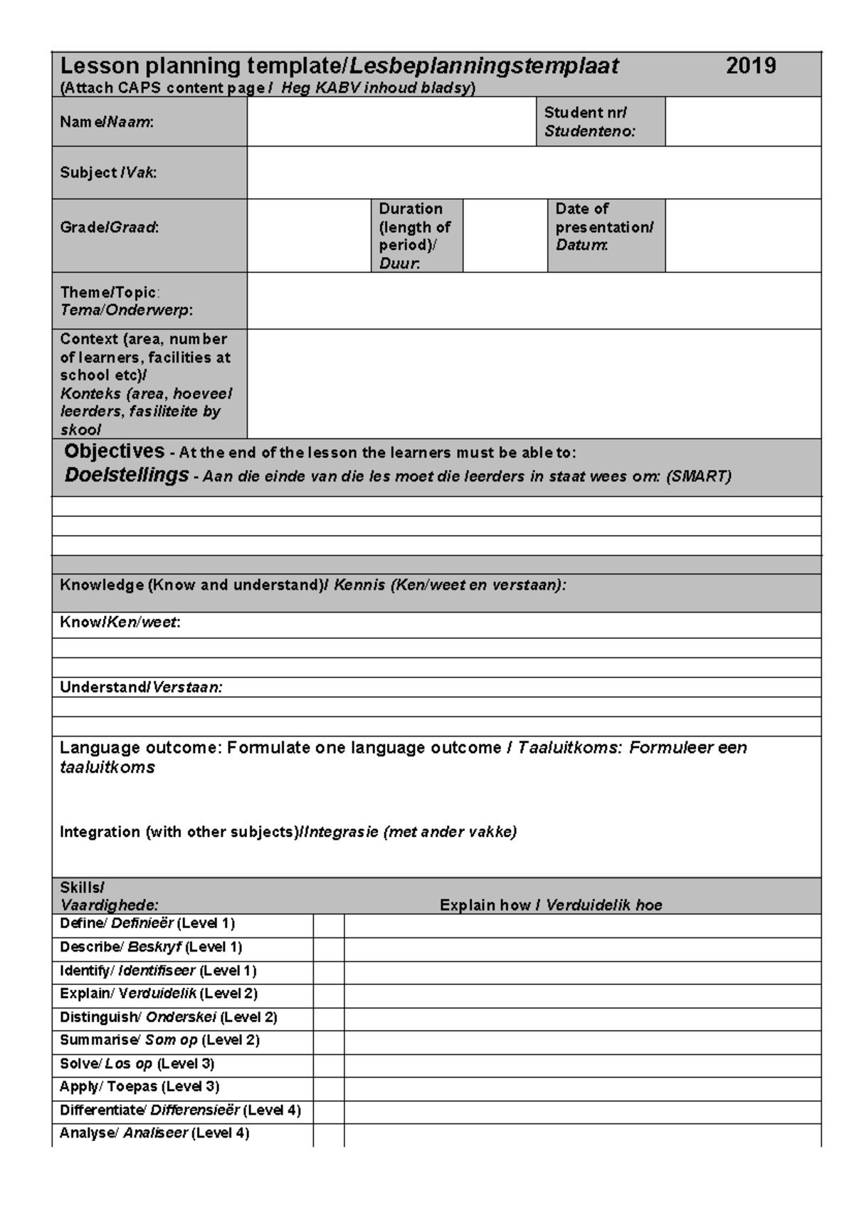 Generic - Most used - Lesson planning template/Lesbeplanningstemplaat ...