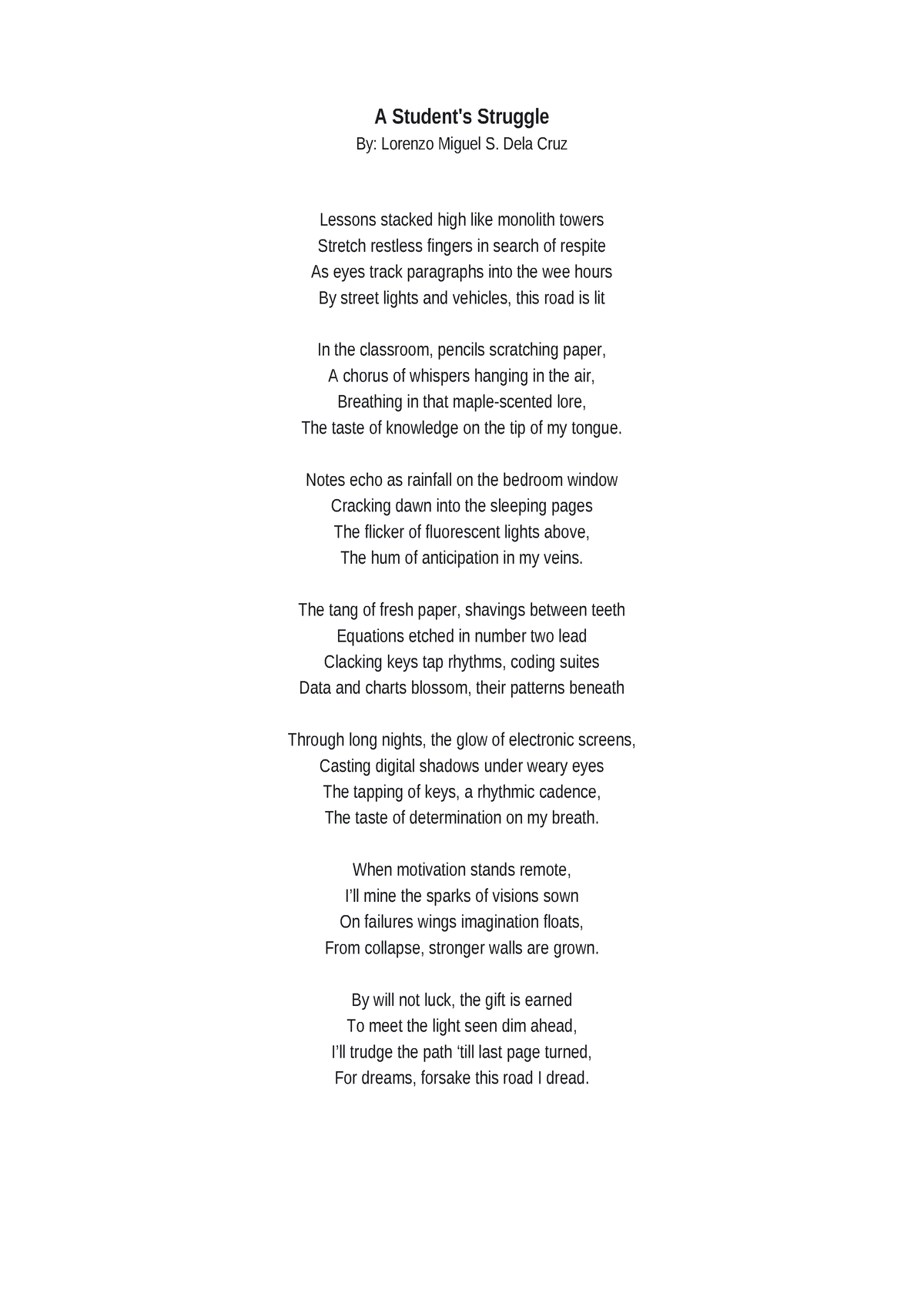 A-Student - Poem - A Student's Struggle By: Lorenzo Miguel S. Dela Cruz ...