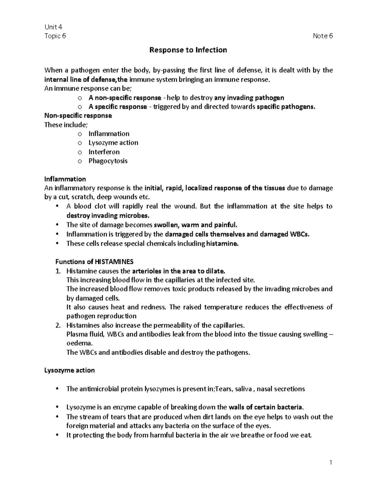 Note 6 Non specific immune response - Unit 4 Topic 6 Note 6 1 Response ...