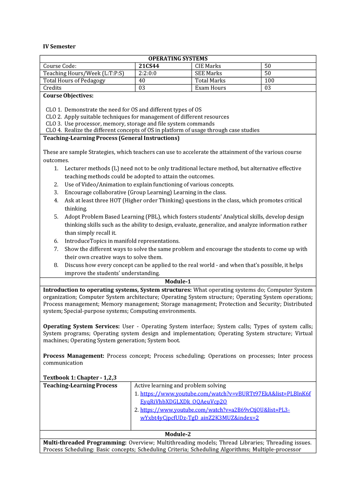 OS syllabus - IV Semester OPERATING SYSTEMS Course Code: 21CS44 CIE ...