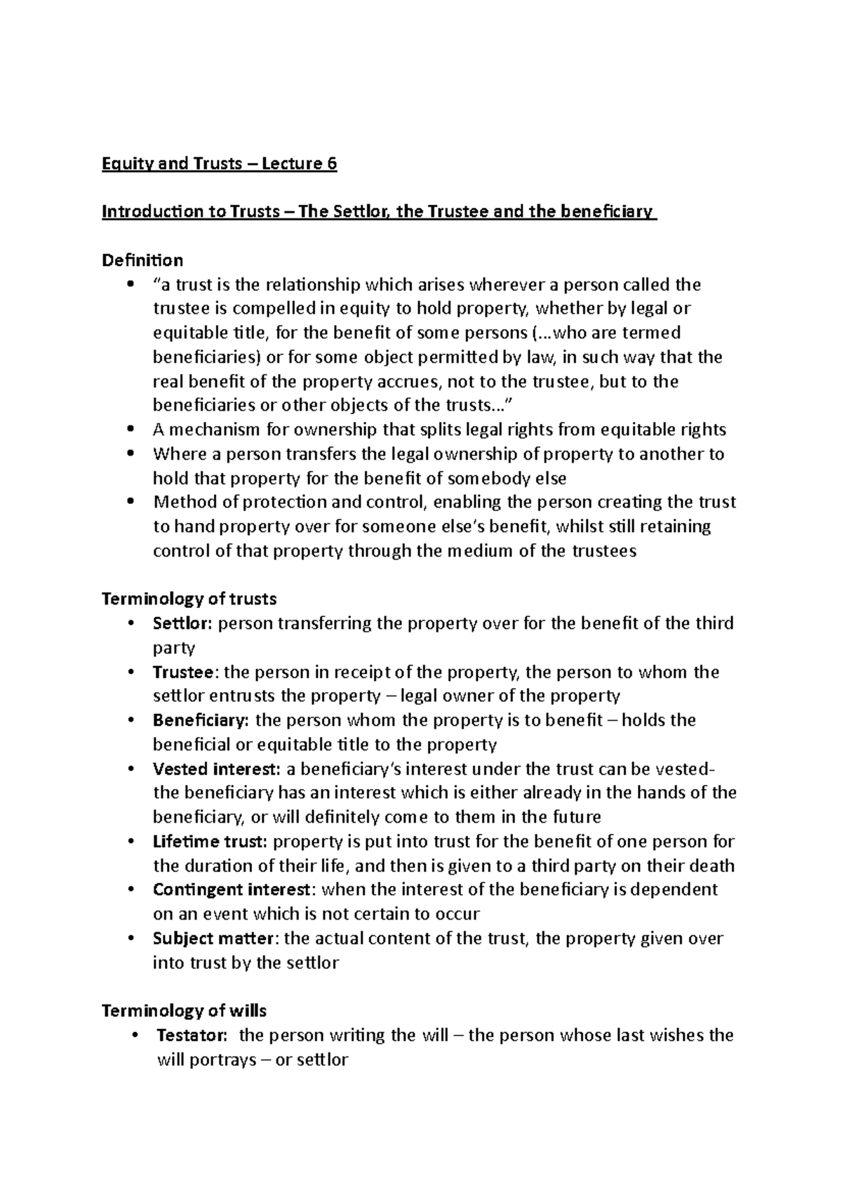 Equity and Trusts - Introduction to Trust - Equity and Trusts – Lecture ...
