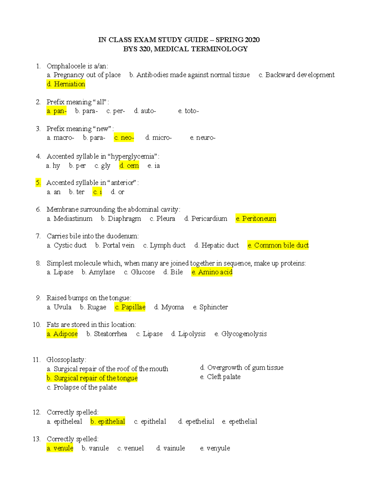 Med Term Study Guide - IN CLASS EXAM STUDY GUIDE – SPRING 2020 BYS 320 ...