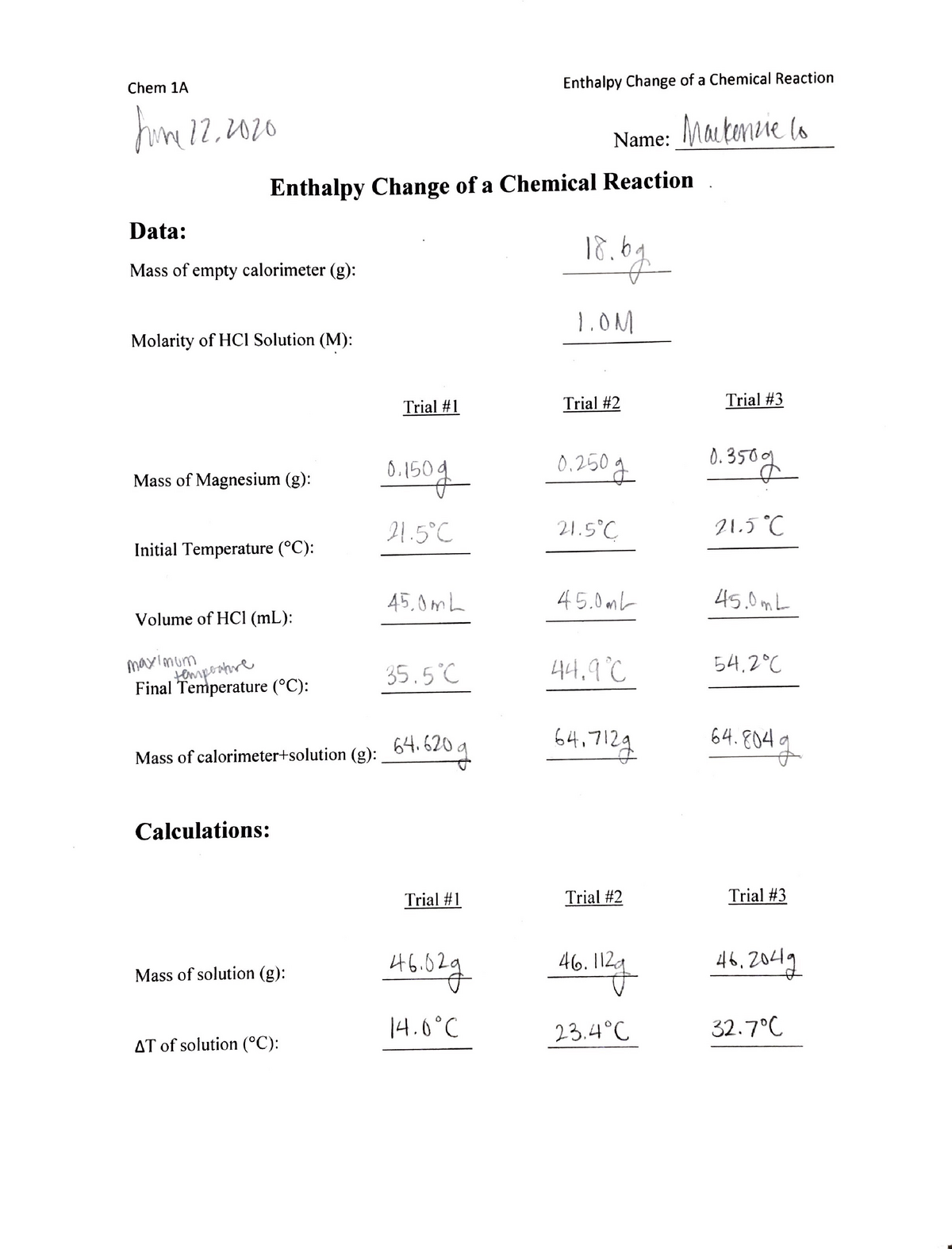 lab enthalpy assignment