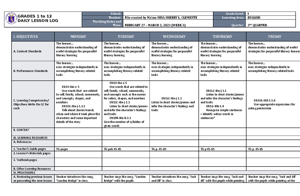 DLL English 1 Q3 W3 - tnx - GRADES 1 to 12 DAILY LESSON LOG School ...