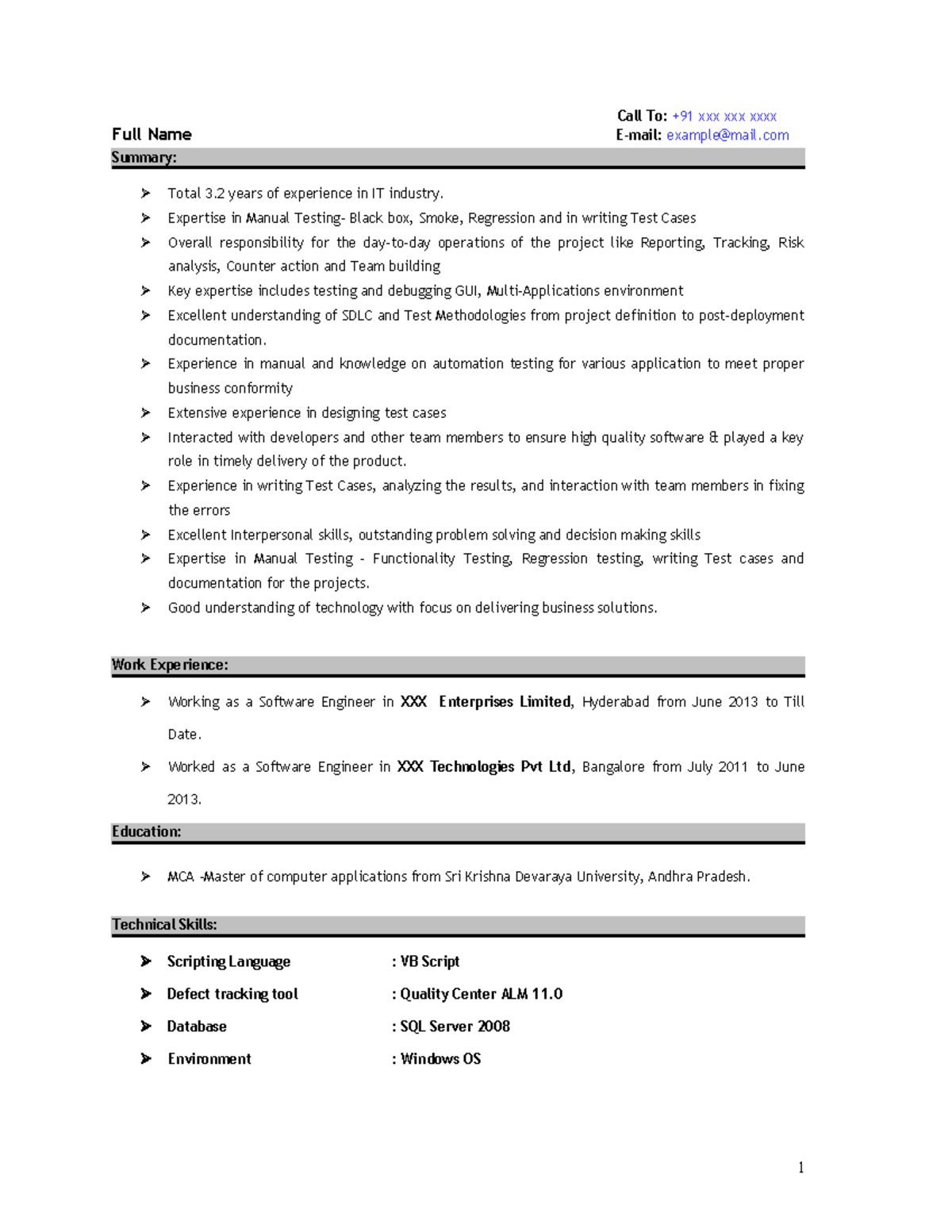 Manual testing exp resume 1 Call To +91 xxx xxx xxxx Full Name E