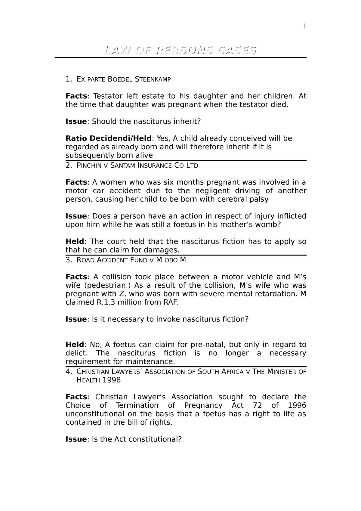 PVL1501 Law Of Persons Cases 2 - LAW OF PERSONS CASESLAW OF PERSONS ...