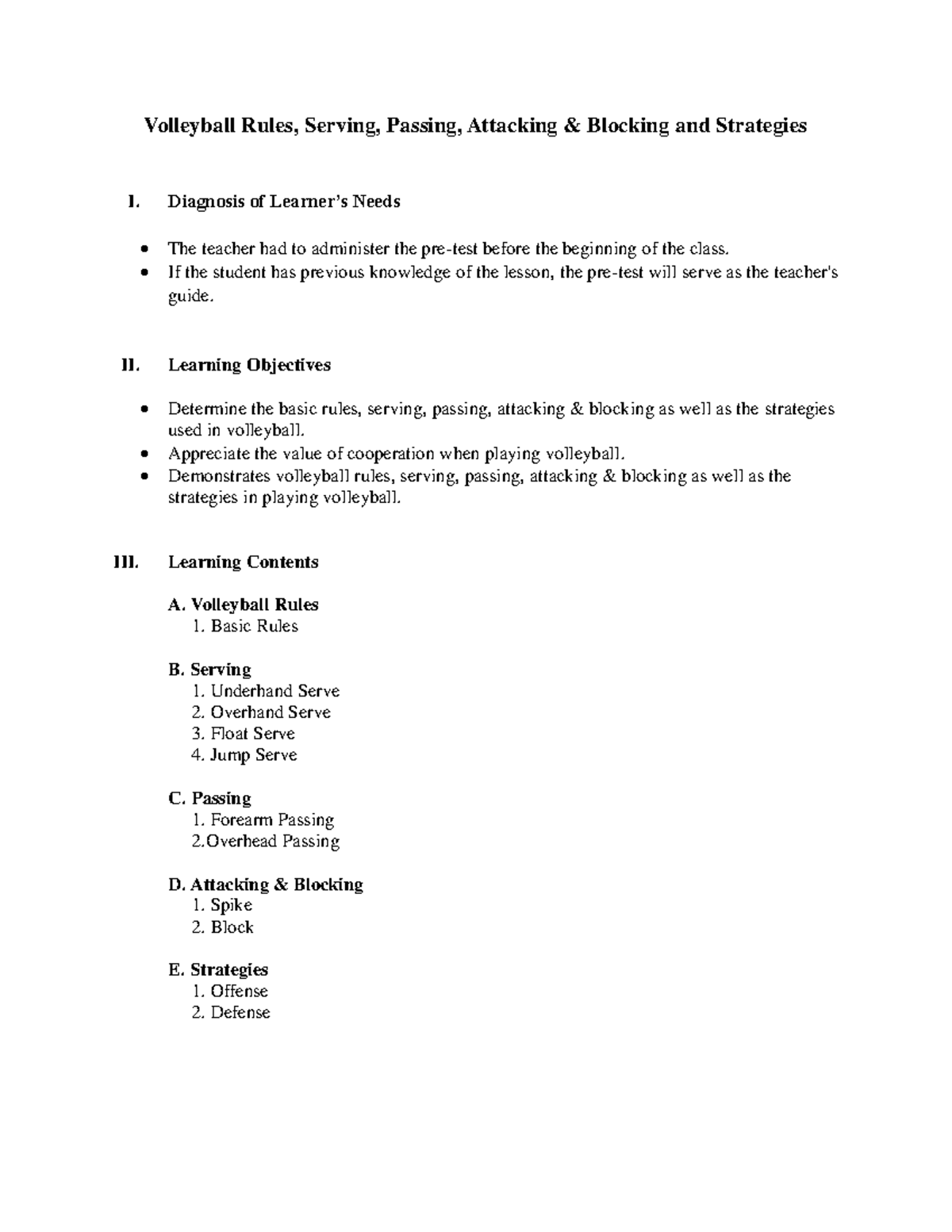 Short Grassroots LessonPLAN Volleyball Rules, Serving, Passing