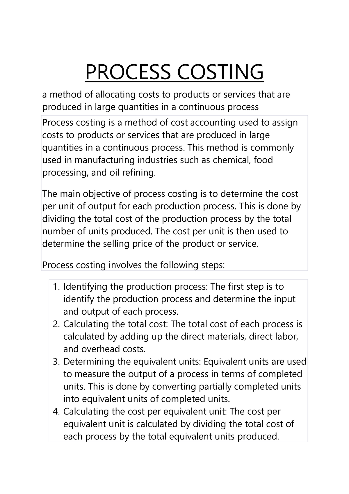 Process Costing - PROCESS COSTING A Method Of Allocating Costs To ...