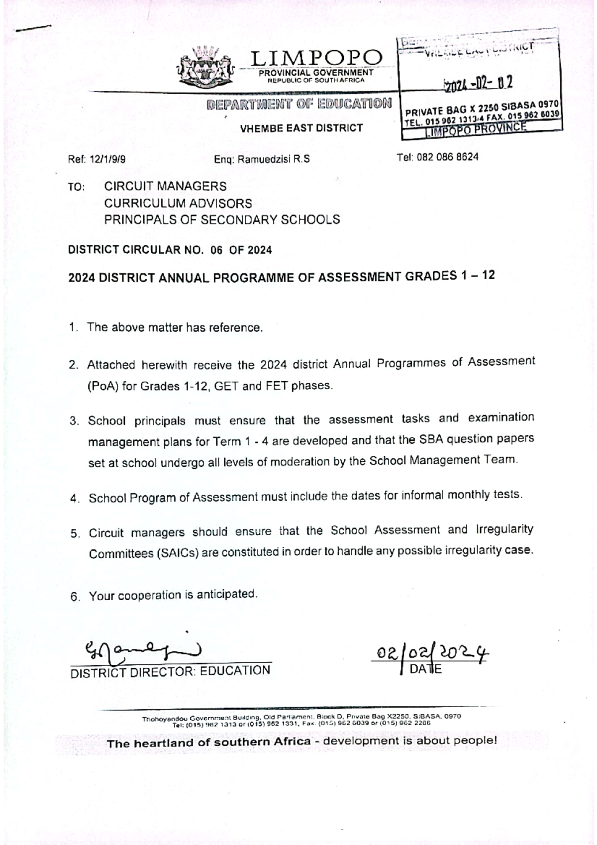 District Circular NO 06 OF 2024 Annual Program OF Assessment GR 1-12 ...