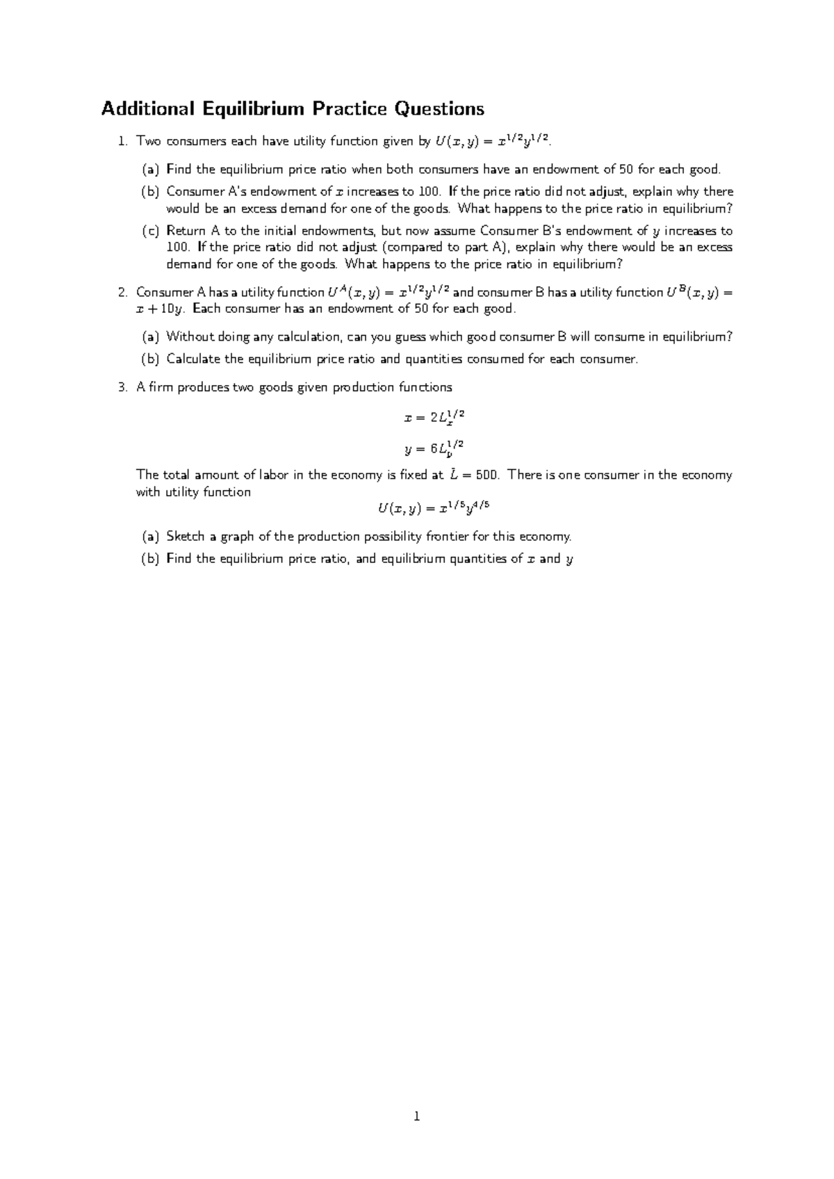 General Equilibrium Practice Questions - Additional Equilibrium ...