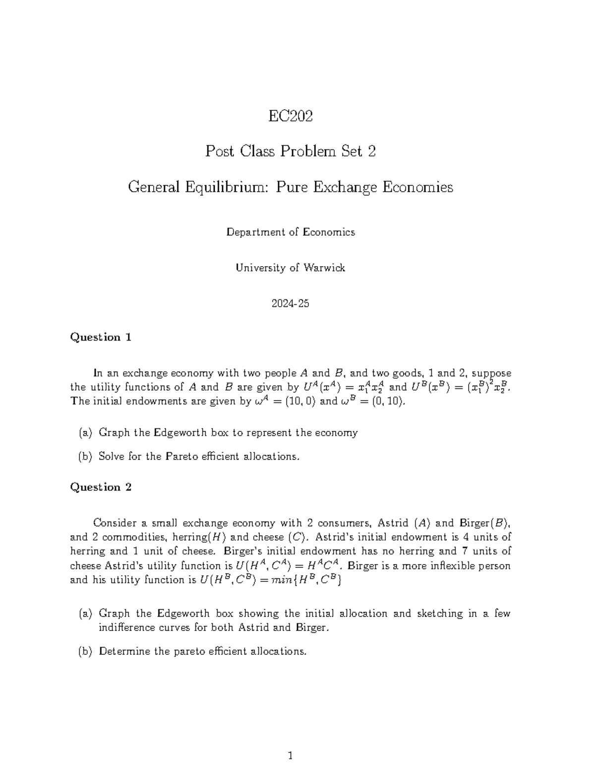 Post class Problem Set 2 Week 4 - EC Post Class Problem Set 2 General ...