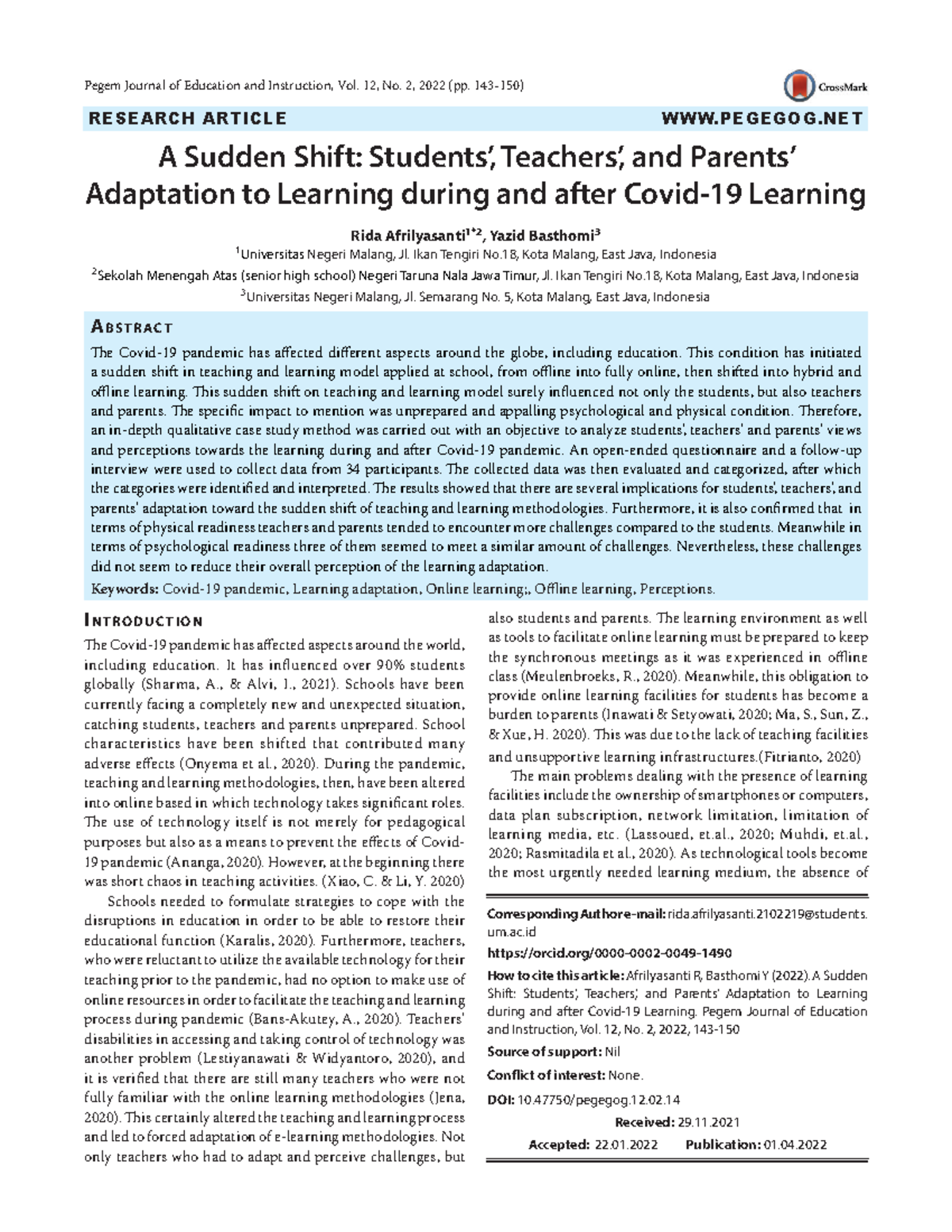 2022 Adaptation to Learning during and after Covid-19 Learning - Pegem ...