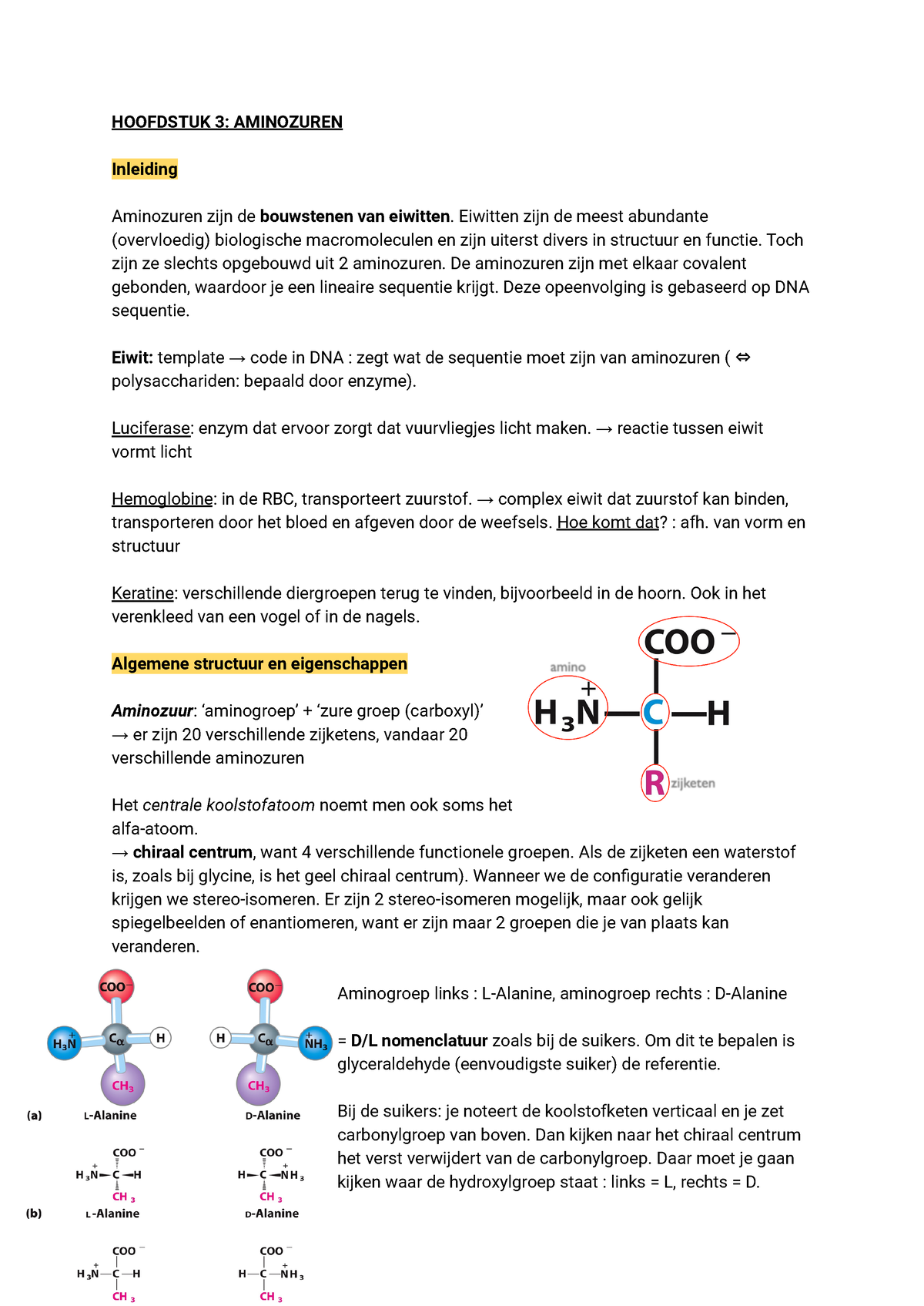 Behandeling Trouwens Bemiddelen Hoofdstuk 3 Aminozuren - HOOFDSTUK 3: AMINOZUREN Inleiding Aminozuren zijn  de bouwstenen van - Studocu
