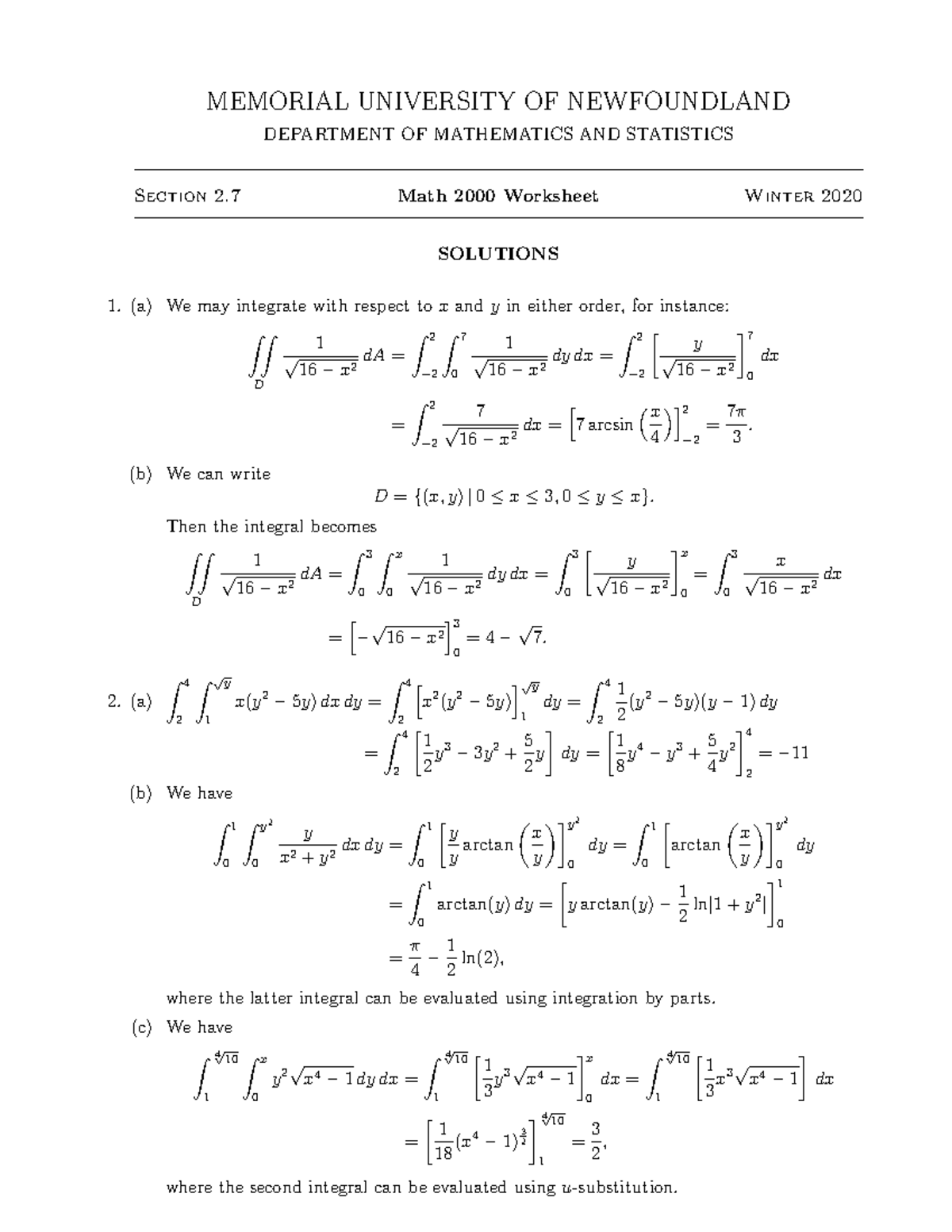Soln2-7w - worksheet solutions - MEMORIAL UNIVERSITY OF NEWFOUNDLAND ...