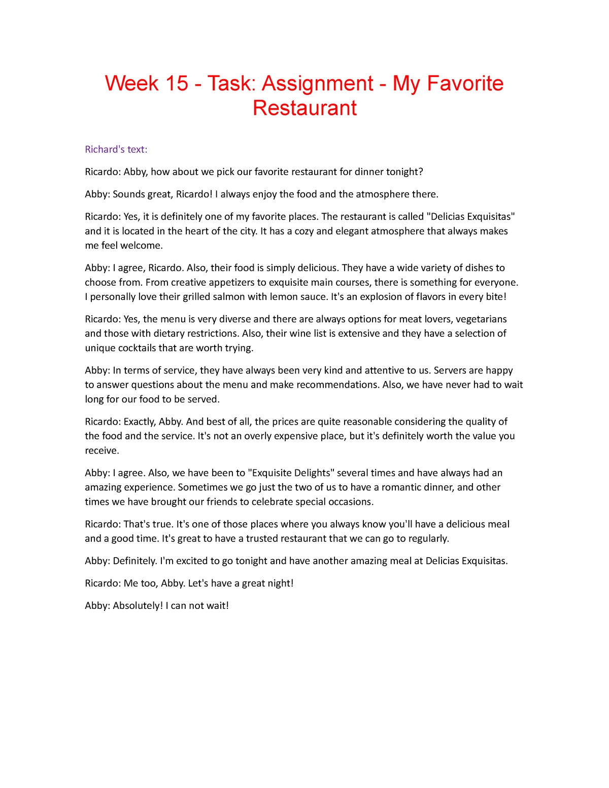 task assignment my favorite restaurant texto