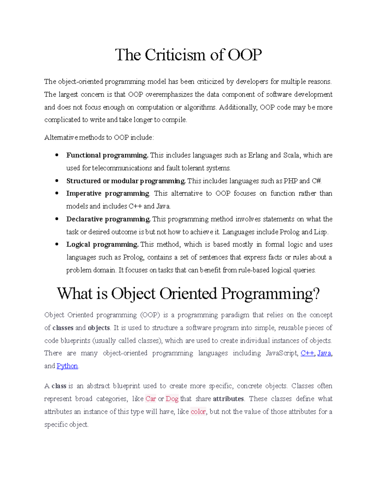 The Criticism of OOP - Lecture notes 1 -2 - BS in Computer Science ...