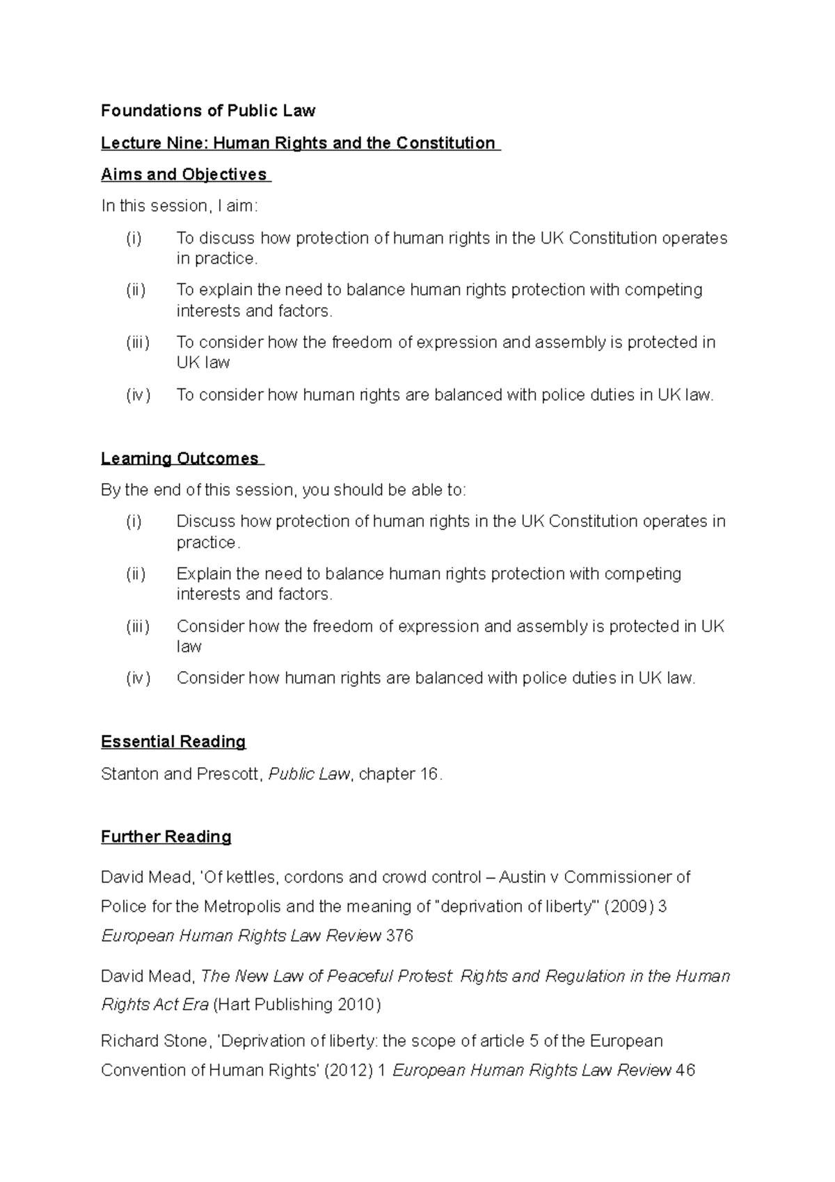 Lecture 9 Public LAW - Foundations of Public Law Lecture Nine: Human ...