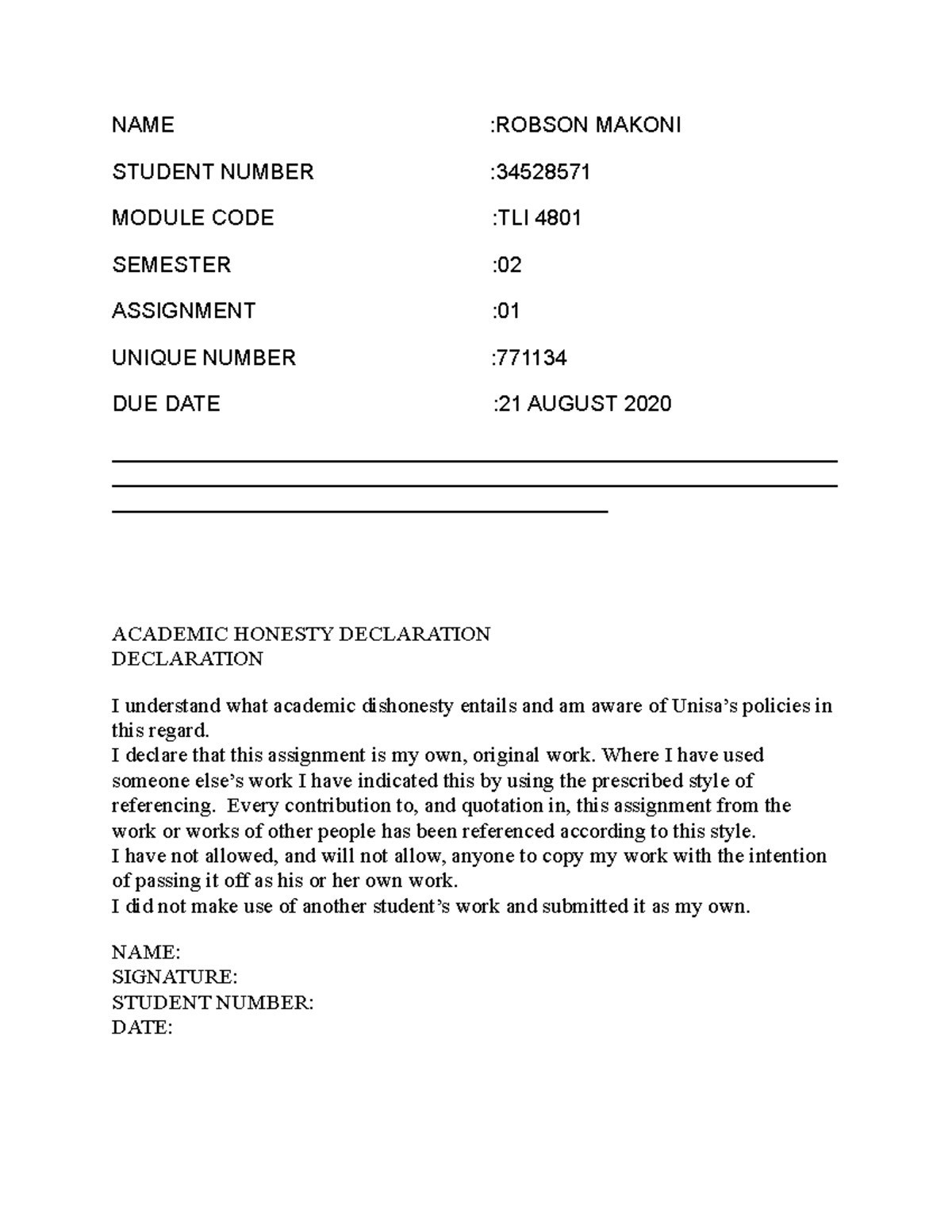 Litigation Makoni LLB MODULE - NAME :ROBSON MAKONI STUDENT NUMBER ...