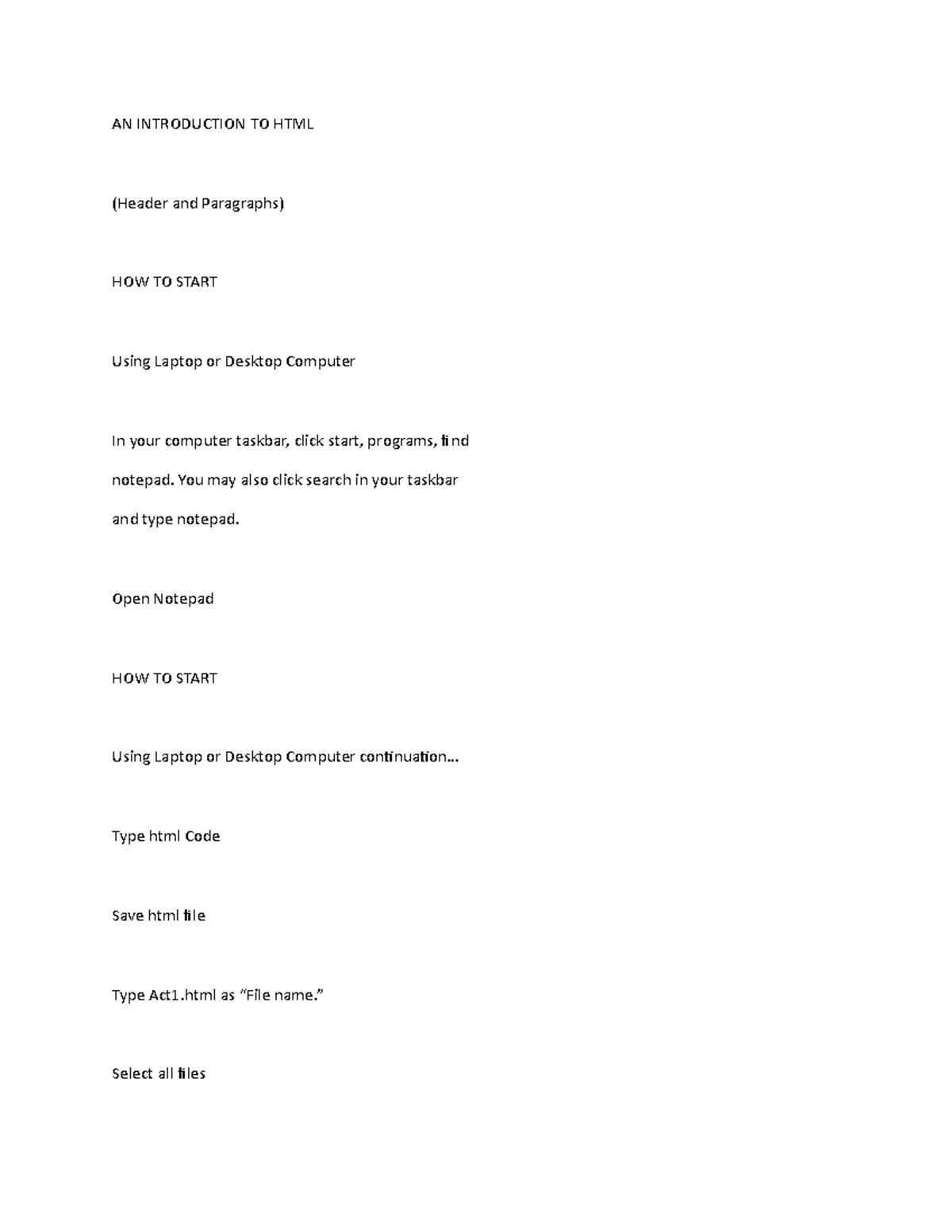 Introduction TO HTML (Header and Paragraphs) - AN INTRODUCTION TO HTML ...