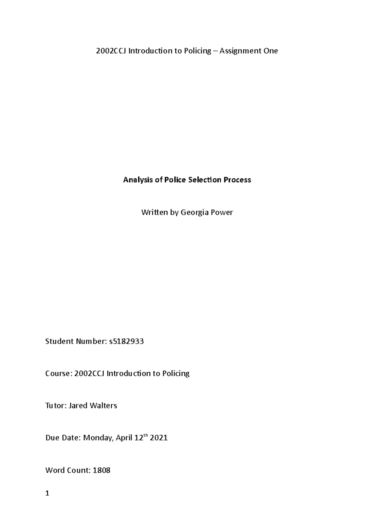 Assignment One - 2002CCJ Introduction to Policing – Assignment One ...