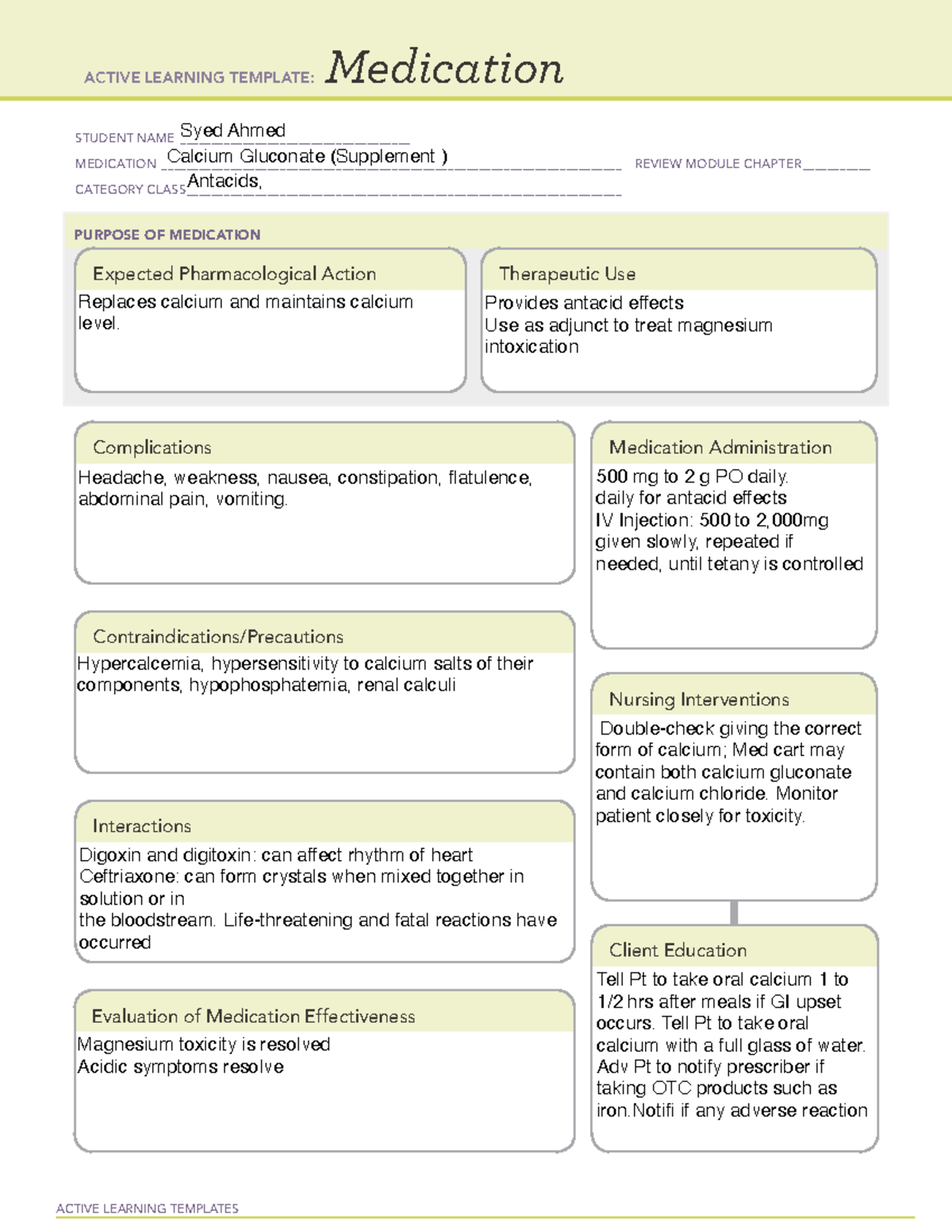 Medication template Calcium ACTIVE LEARNING TEMPLATES Medication