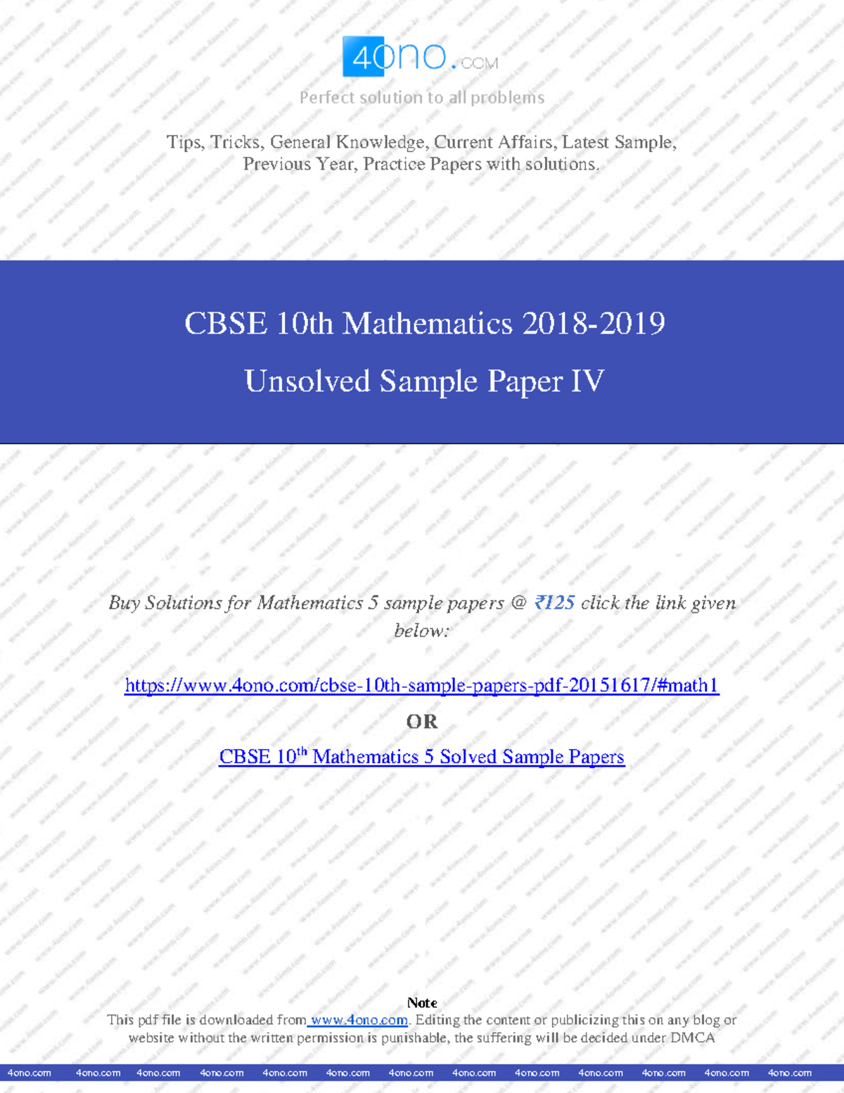 Class 10th Mathematics Unsolved Sample Paper IV - Perfect solution to ...