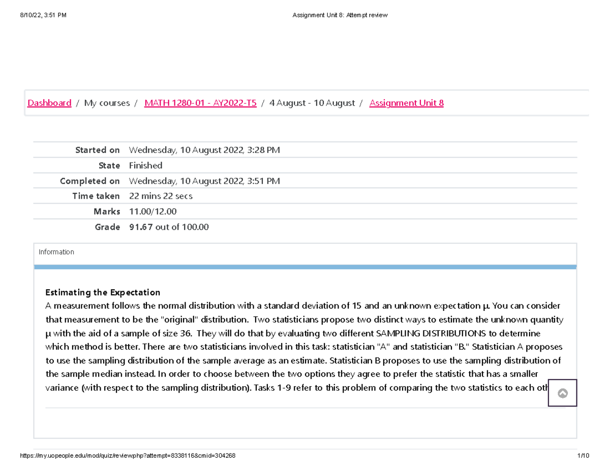 Assignment Unit 8 Attempt review - Started on Wednesday, 10 August 2022 ...