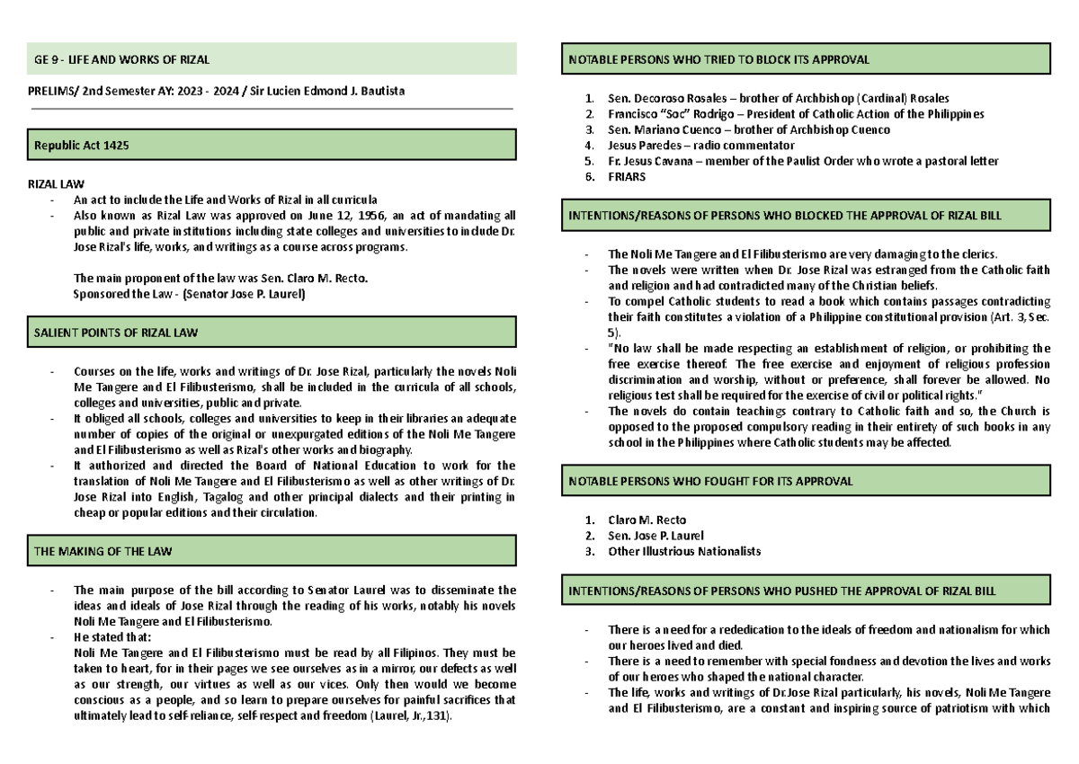 Rizal- Prelims - GE 9 - LIFE AND WORKS OF RIZAL PRELIMS/ 2nd Semester ...