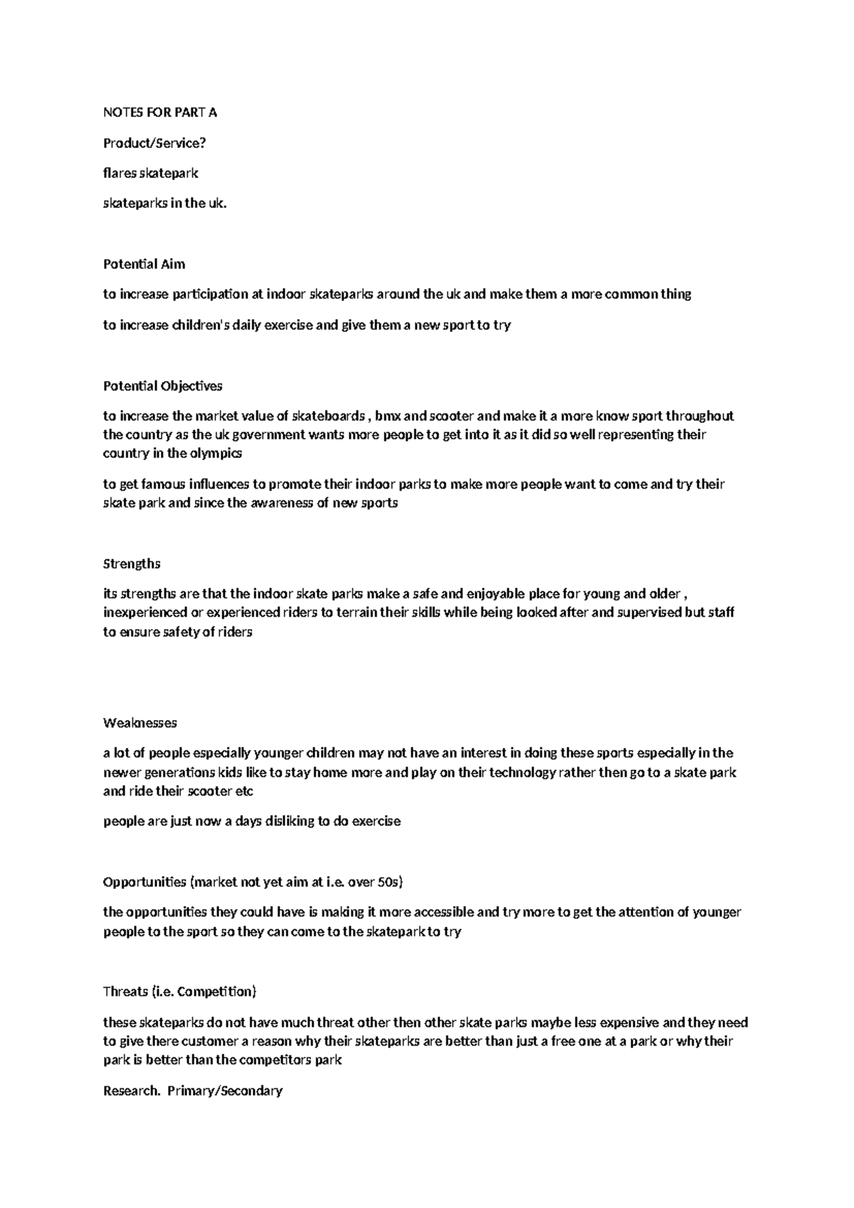 David Livramento - Notes FOR PART A - NOTES FOR PART A Product/Service ...