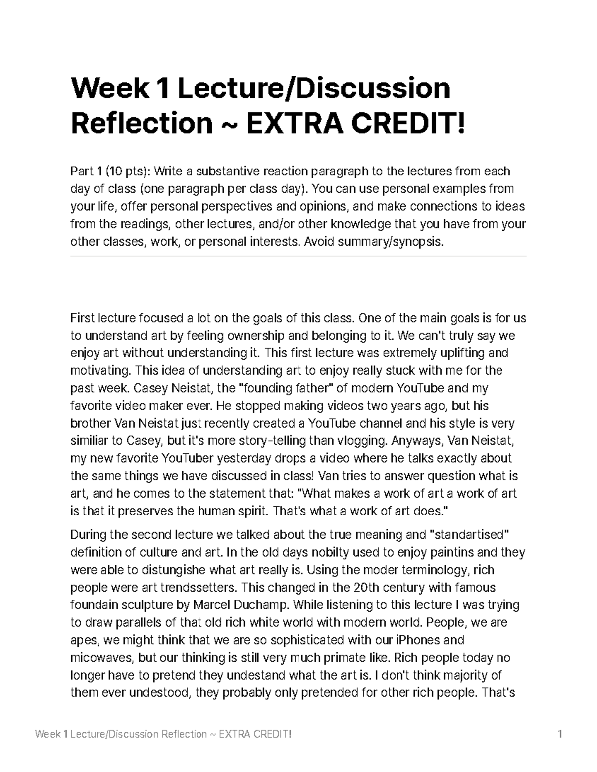 Week 1 Lecture Discussion Reflection Extra Credit - Week 1 Lecture ...