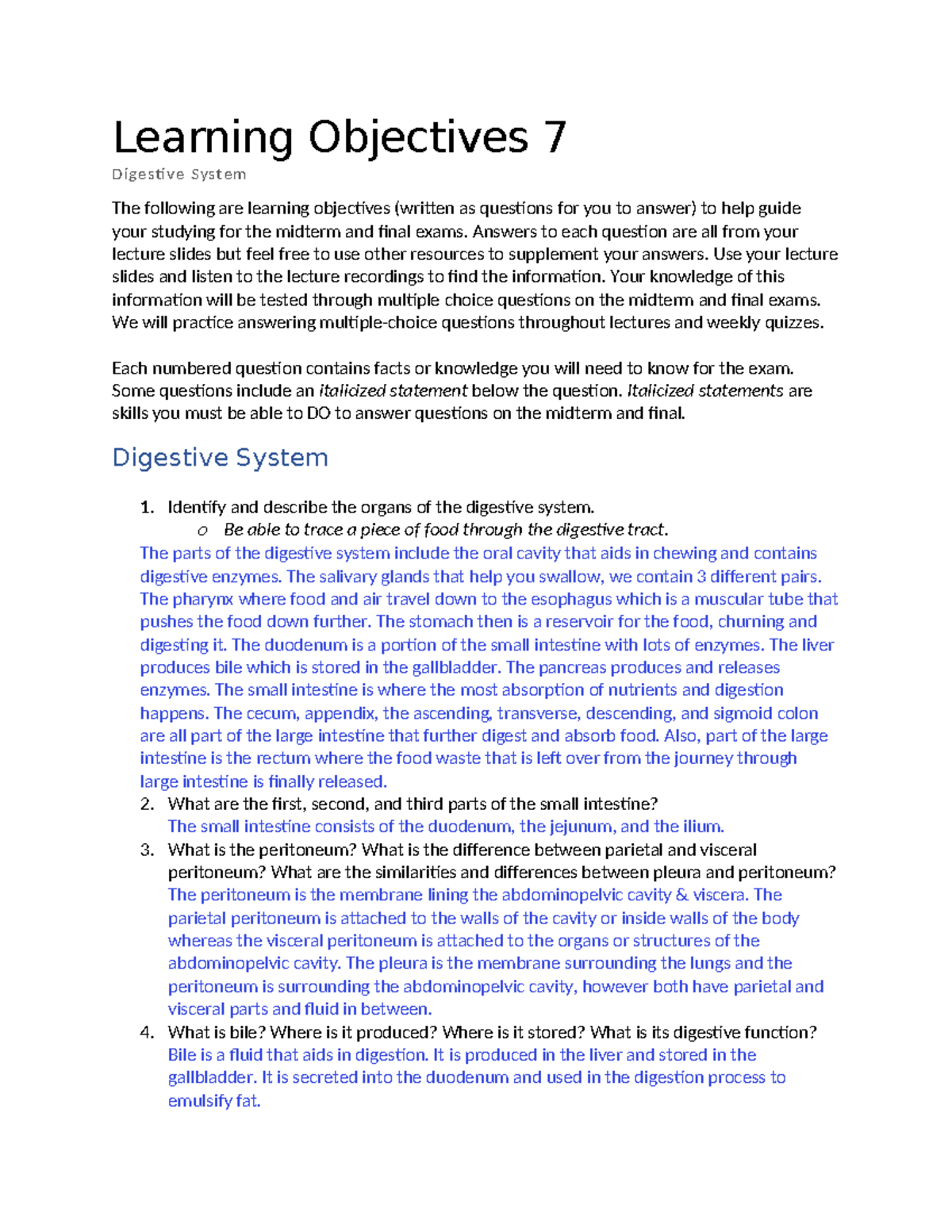Learning Objectives 7 - Digestive System - Learning Objectives 7 ...