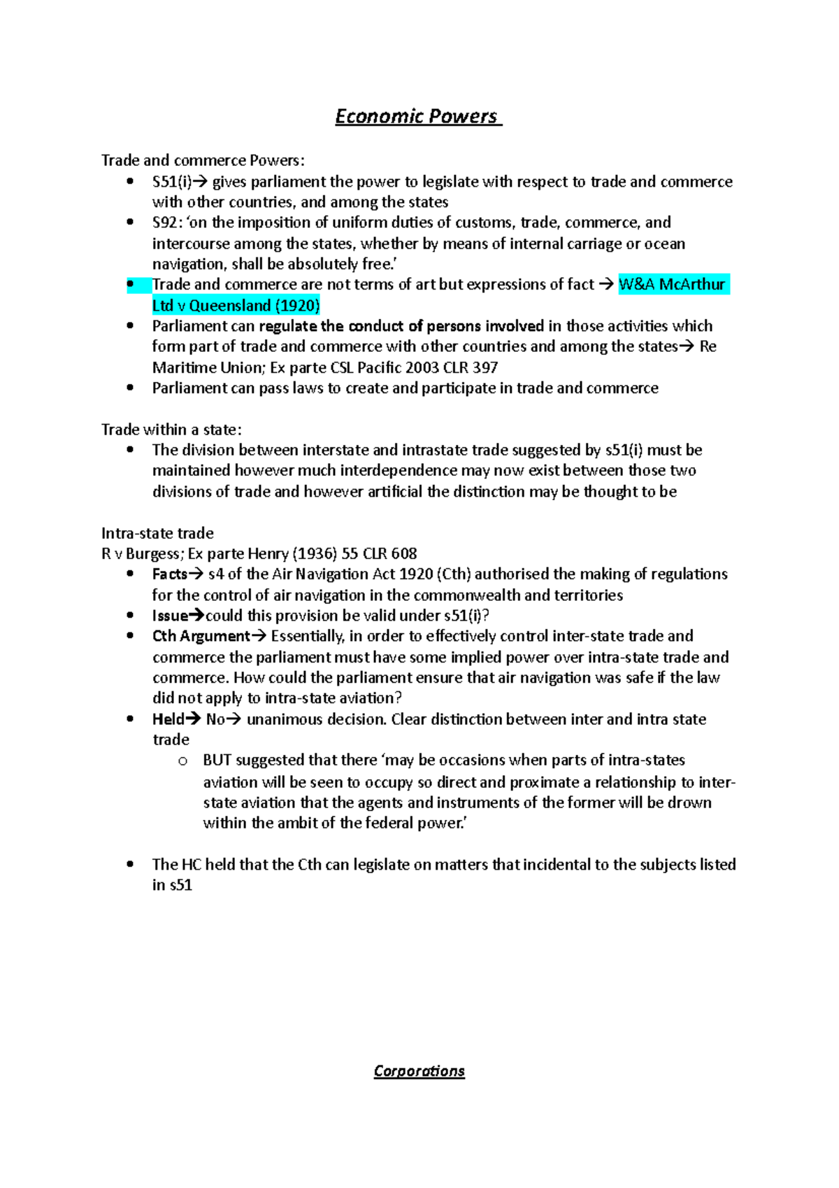 week 2 Lecture notes - Economic Powers Trade and commerce Powers: S51(i ...