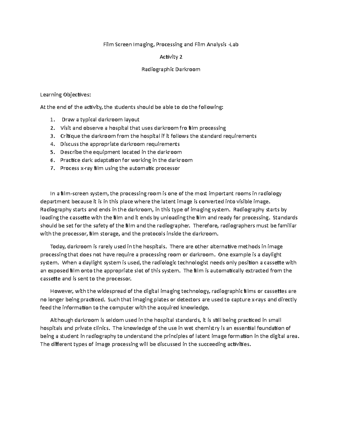 Activity #2 Film Screen Imaging -Lab - Film Screen Imaging, Processing ...