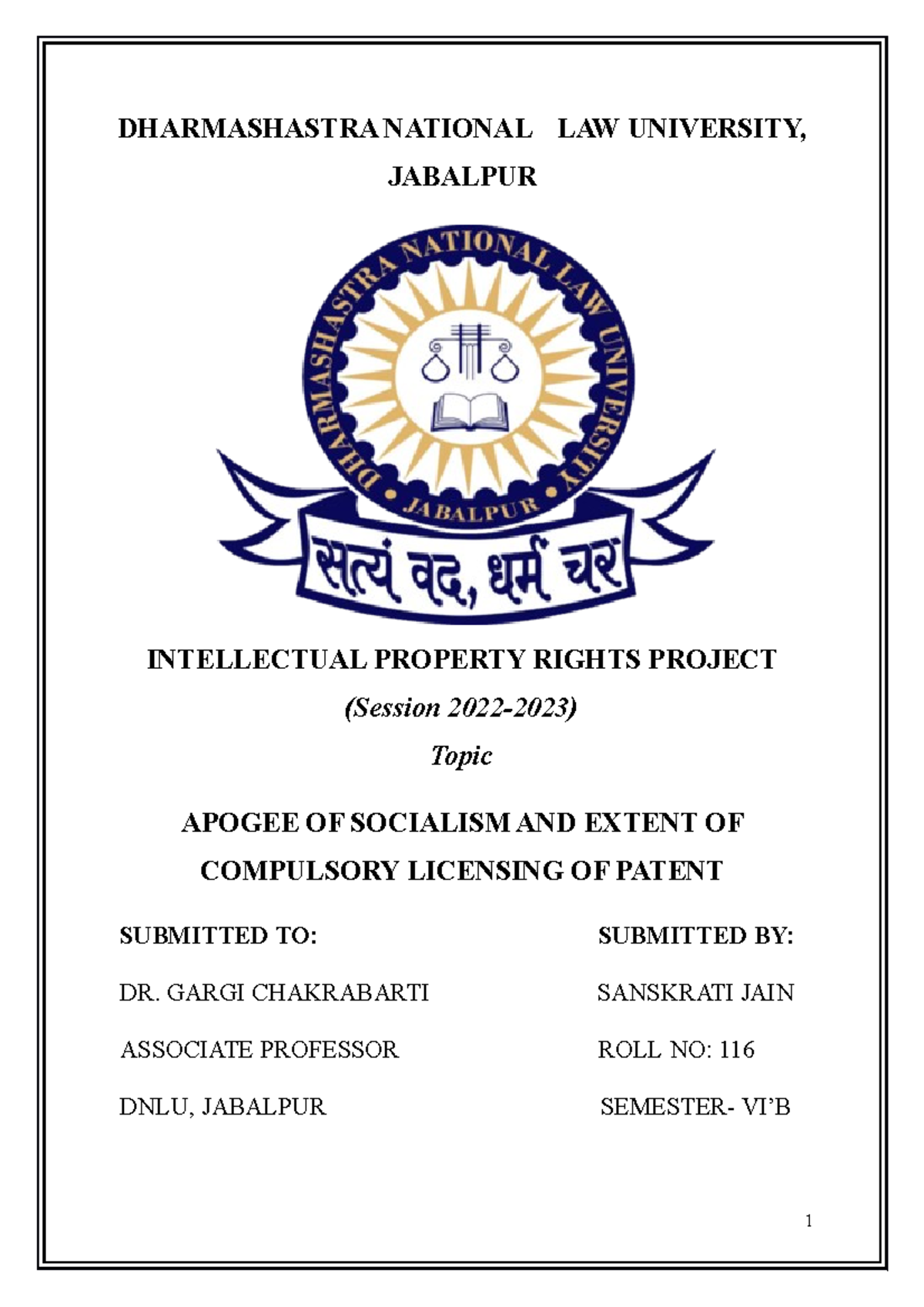 IPR Project - DHARMASHASTRA NATIONAL LAW UNIVERSITY, JABALPUR ...