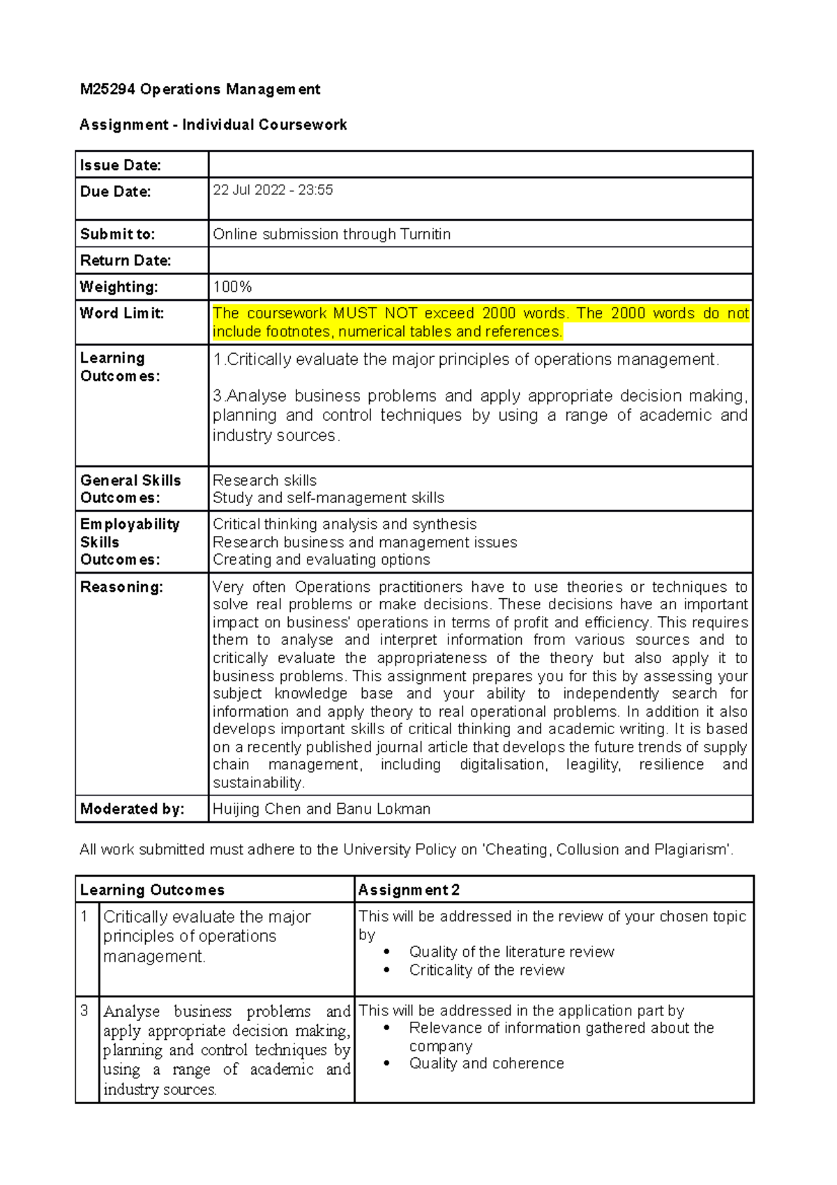 operation management individual assignment