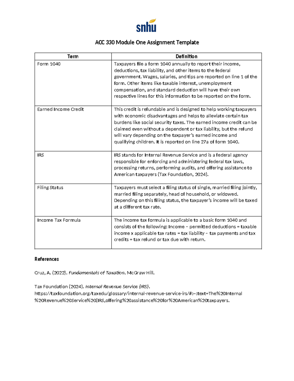 ACC 330 Module One Assignment Template - ACC 330 Module One Assignment ...