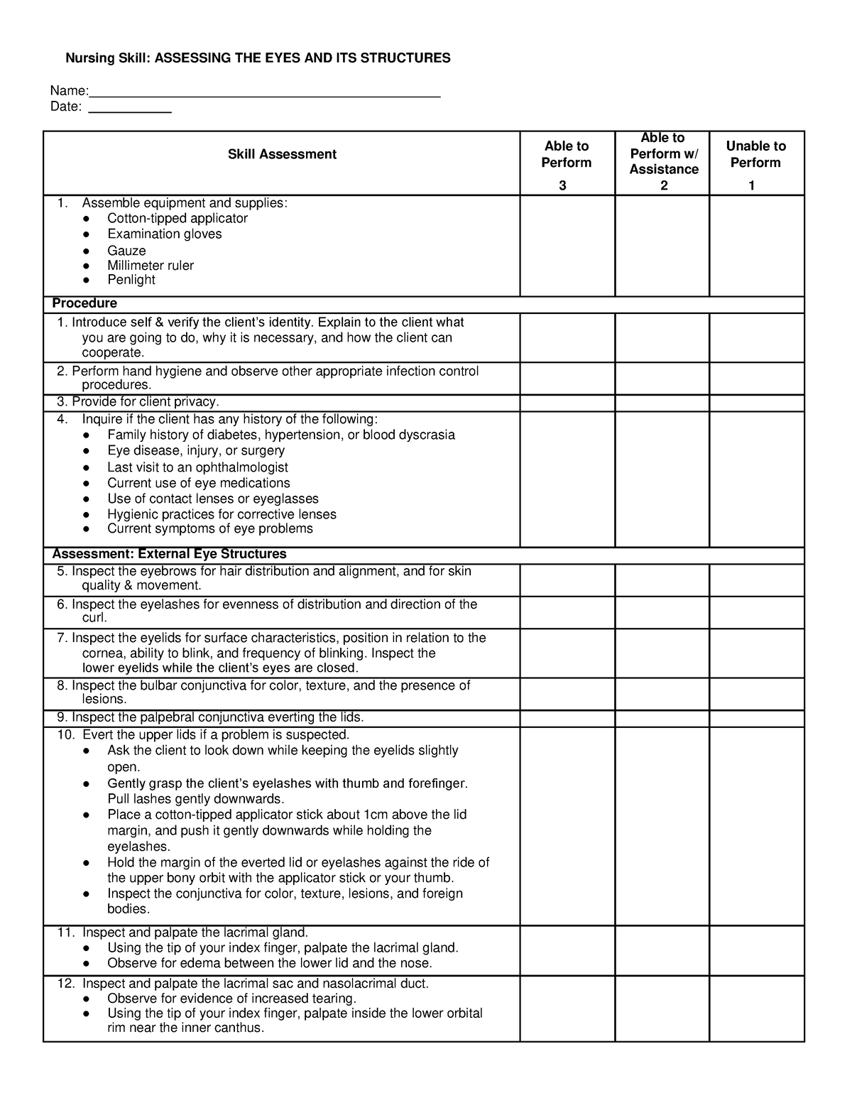 EYES - GGG - Nursing Skill: ASSESSING THE EYES AND ITS STRUCTURES Name ...