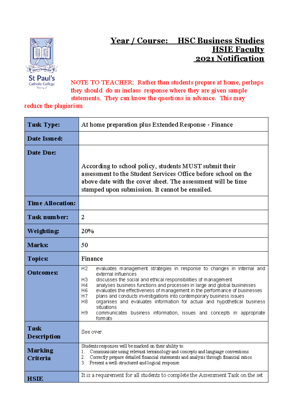 2021 BS HSC Task 2 Finance - Year / Course:_ HSC Business Studies HSIE ...