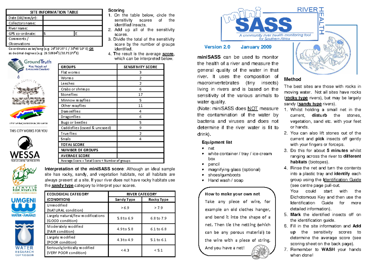 Mini SASS infopamphlet front - Scoring 1. On the table below, circle ...