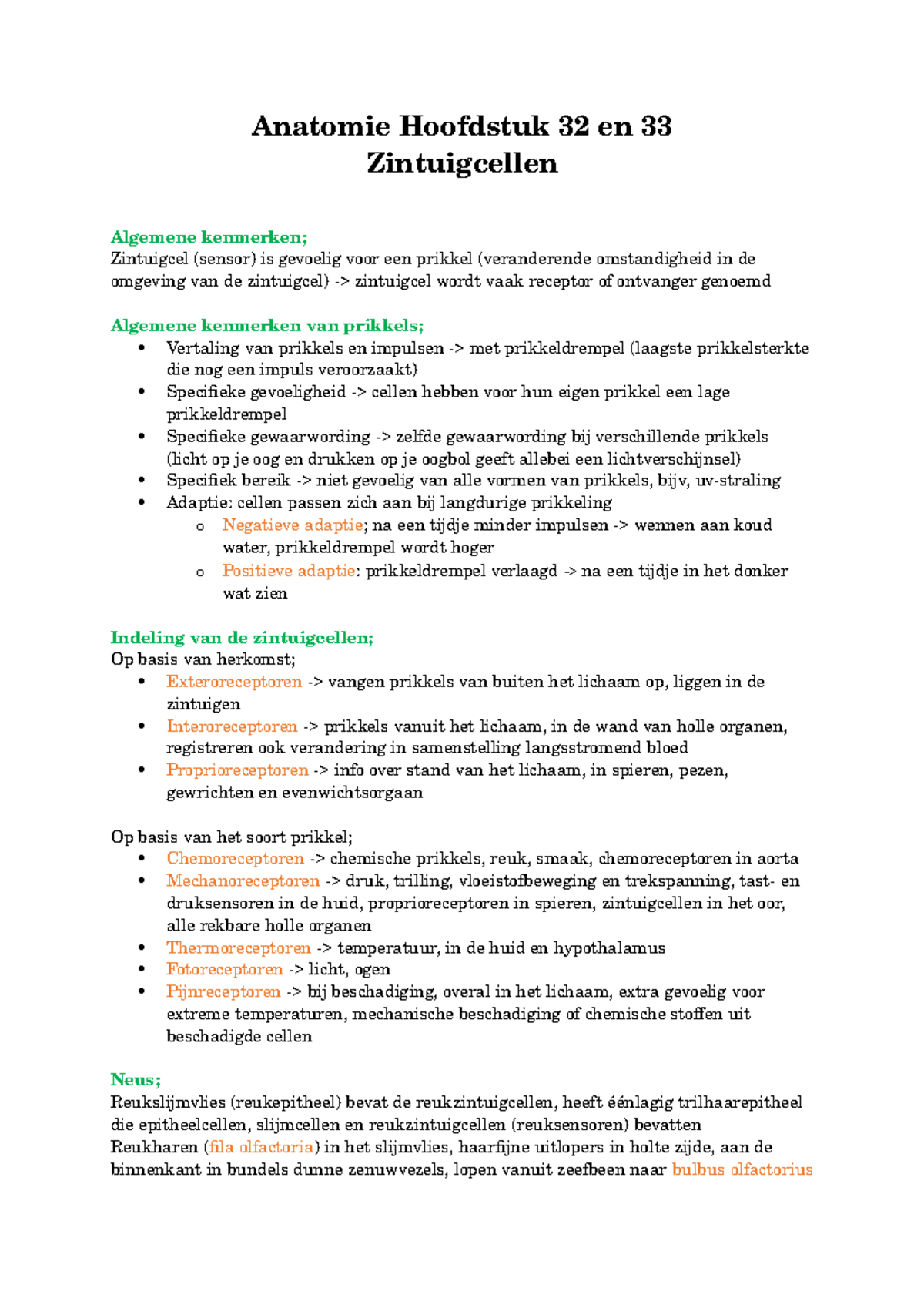 AFPF Samenvatting Anatomie H32 & 33; Zintuigcellen - Anatomie Hoofdstuk ...