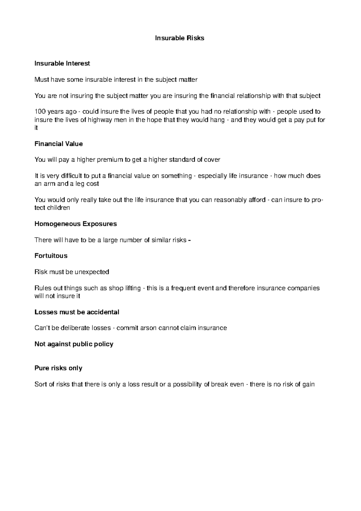 Underwriting - Lecture notes 5 - Insurable Risks Insurable Interest ...