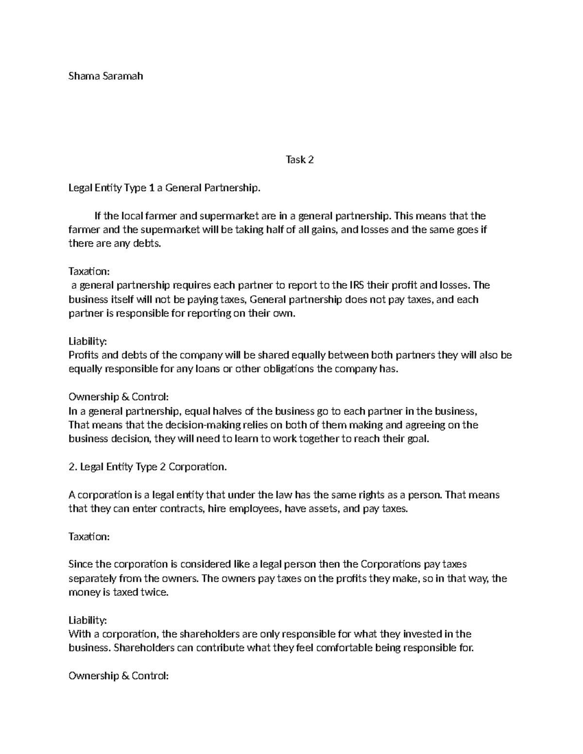 Task 2 d078 3 - Shama Saramah Task 2 Legal Entity Type 1 a General ...