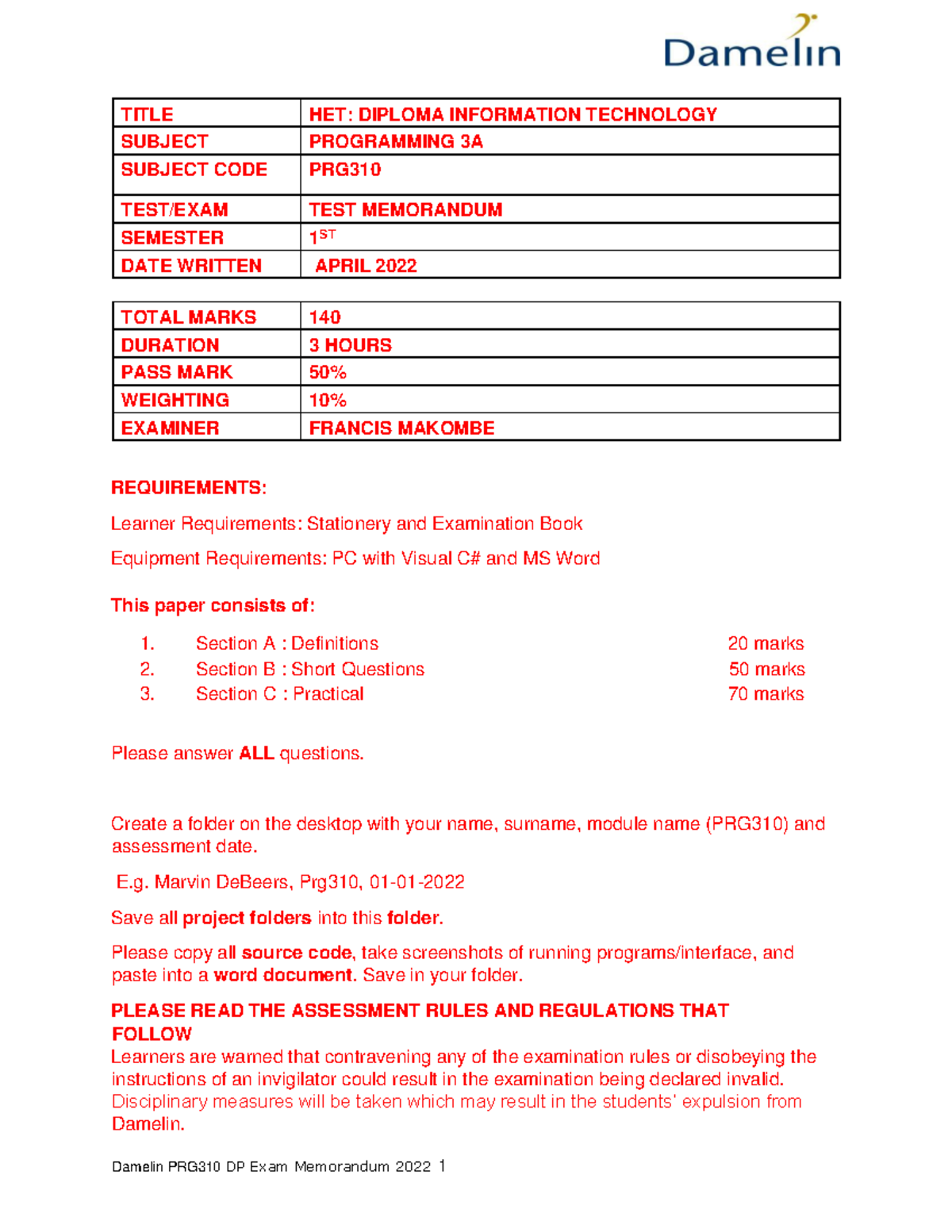 Programming 3A TEST Memo - TITLE HET: DIPLOMA INFORMATION TECHNOLOGY ...