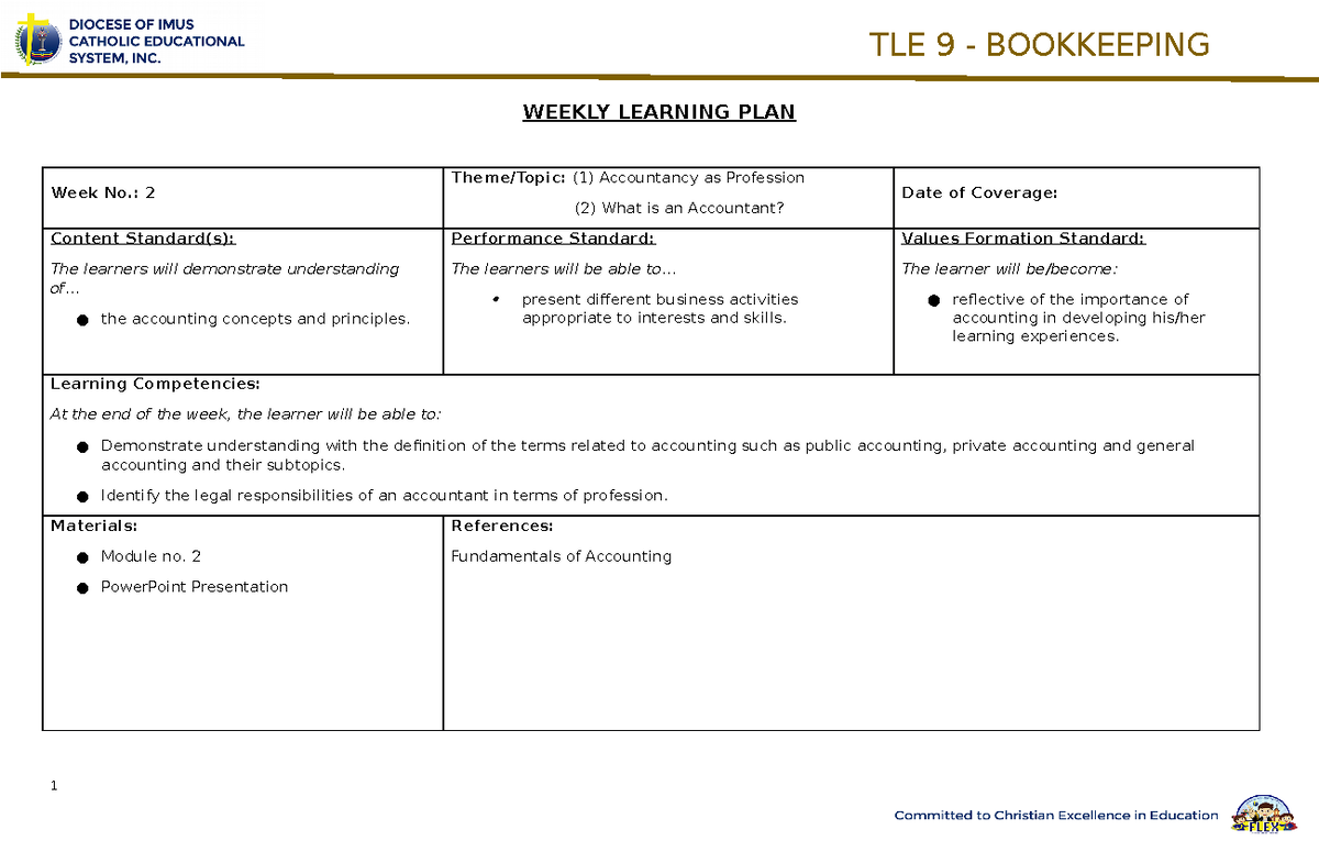 LP2 - Bookkeeping 9 - intro - WEEKLY LEARNING PLAN Week No.: 2 Theme ...