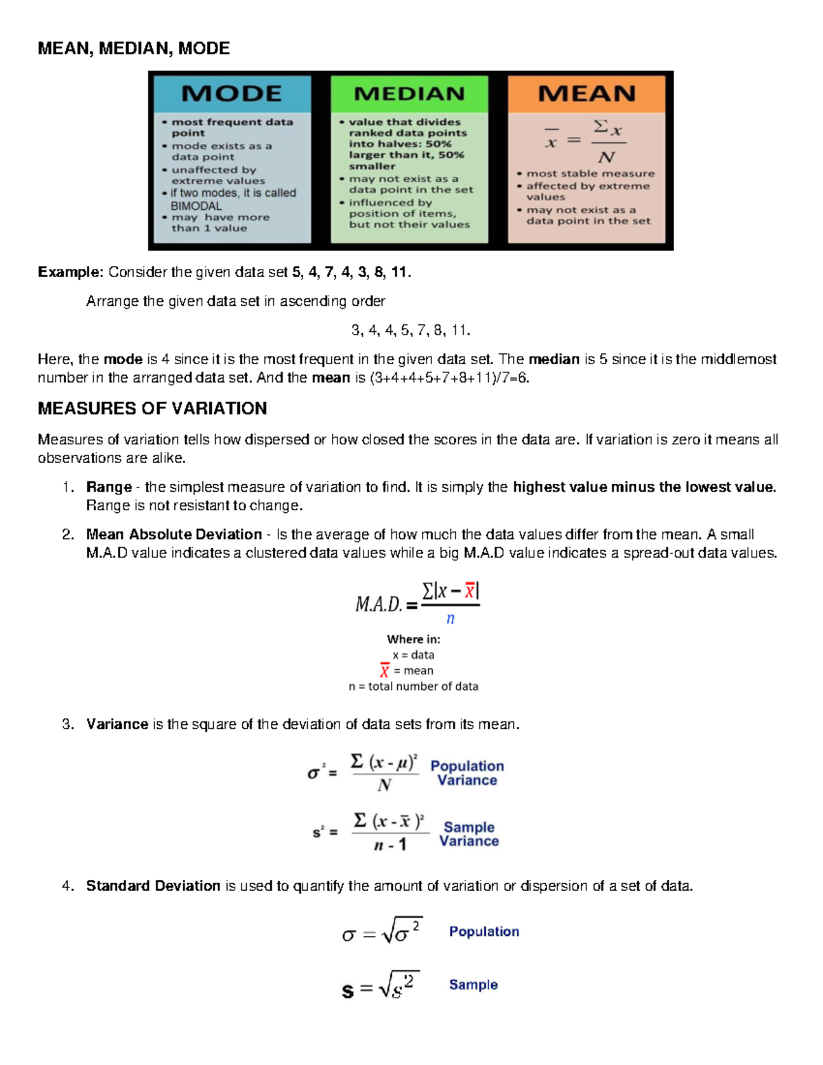 MATM111 Midterm EXAM Reviewer - MEAN, MEDIAN, MODE Example: Consider ...