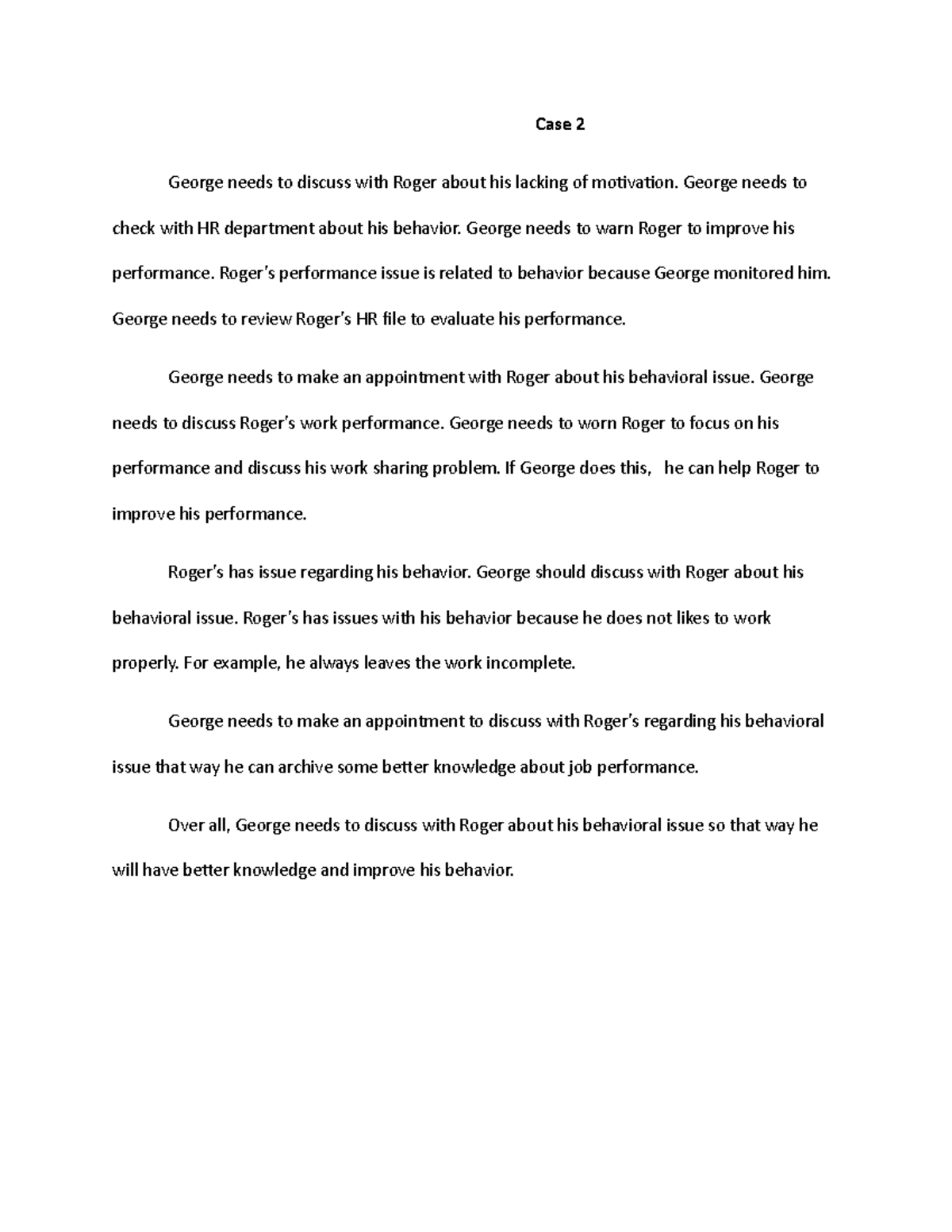 Human Resource english Case 2 needs to discuss with Roger