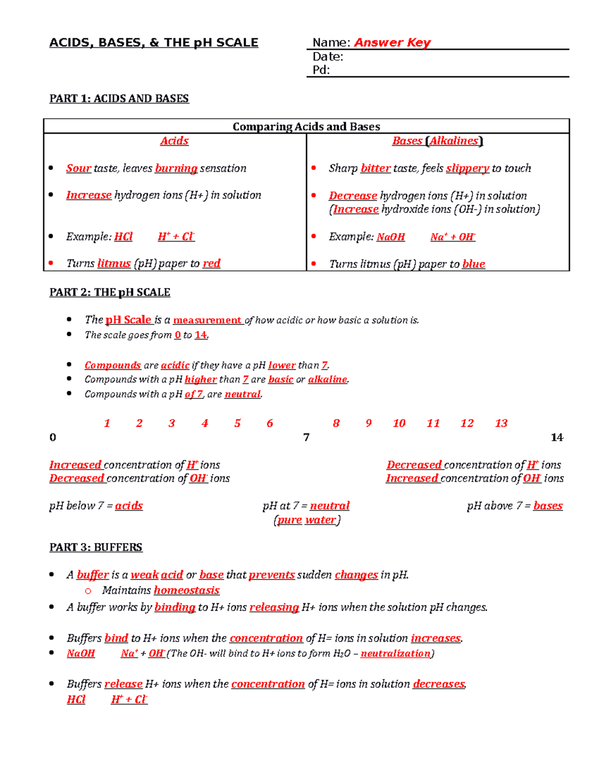 Acids and Bases Answer Key ACIDS, BASES, & THE pH SCALE Name Answer