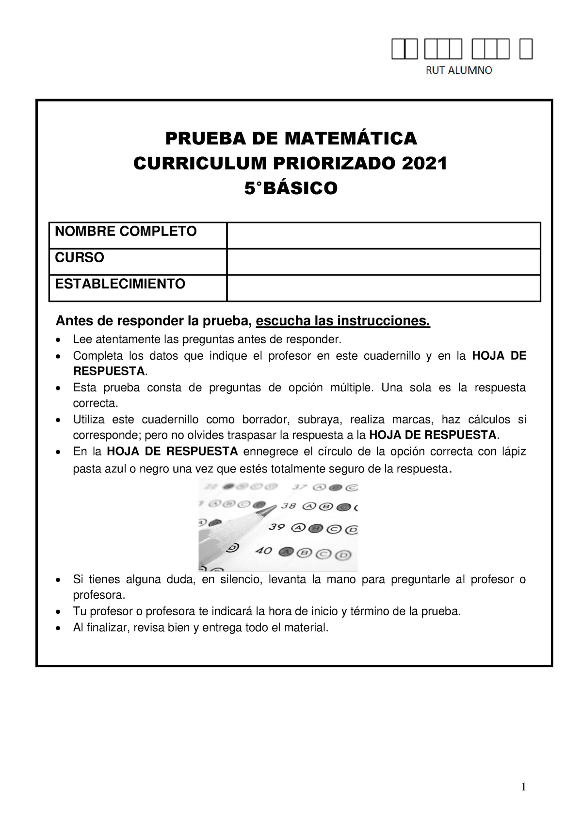 Matematica 5°Basico Priorizacion Nivel 1 - PRUEBA DE MATEM¡TICA ...