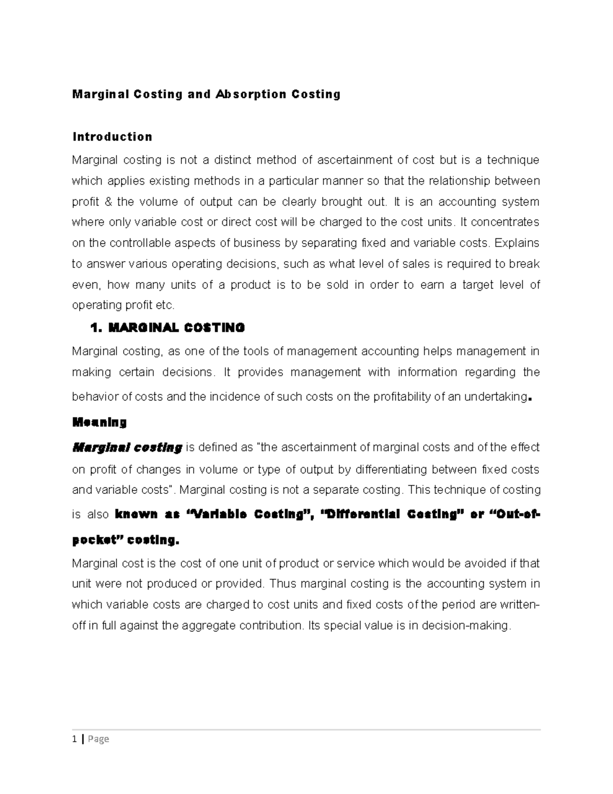 Marginal Costing and Absorption Costing - Marginal Costing and ...