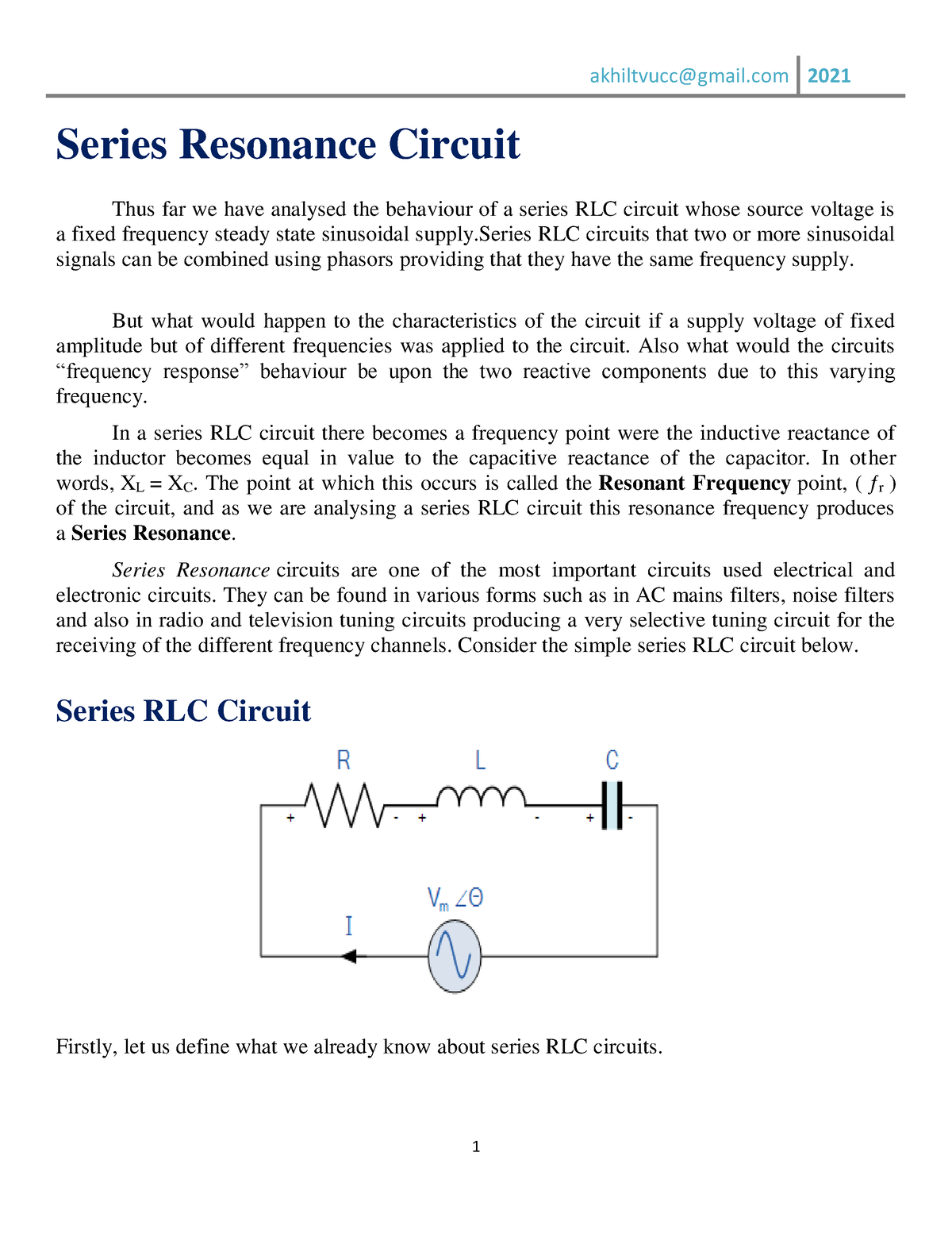 Lecture 2 Series Resonance Circuit Series Resonance Circuit Thus Far 